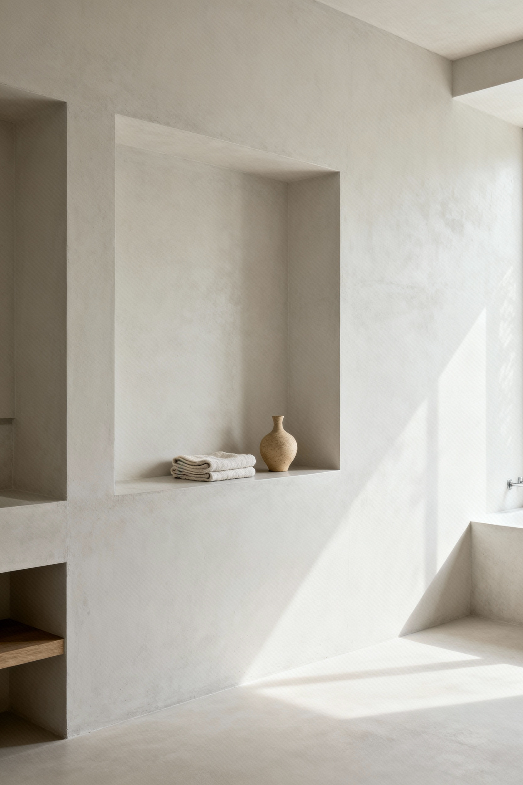 Minimalist bathroom interior featuring open shelving with significant negative space, a simple ceramic item, and natural light, illustrating Zen bathroom organization principles.