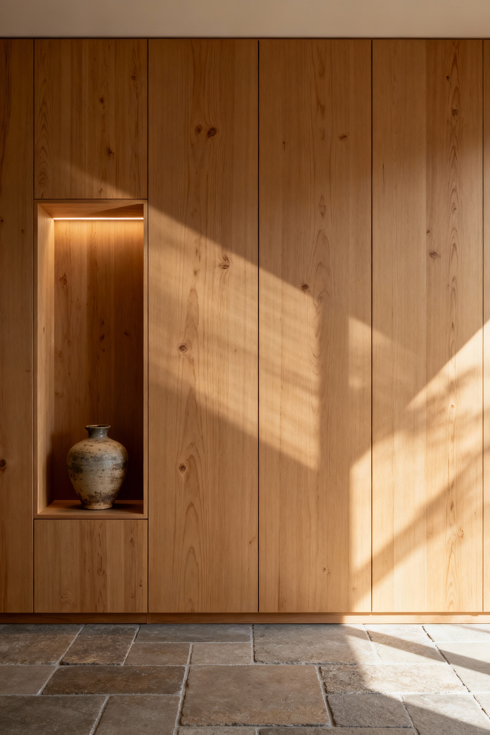 Zen-inspired minimalist bathroom with seamless hinoki cypress cabinetry and an aged stone floor. Subtle lighting highlights a single ceramic vase in a recessed niche, embodying reflective storage design for contemplation.