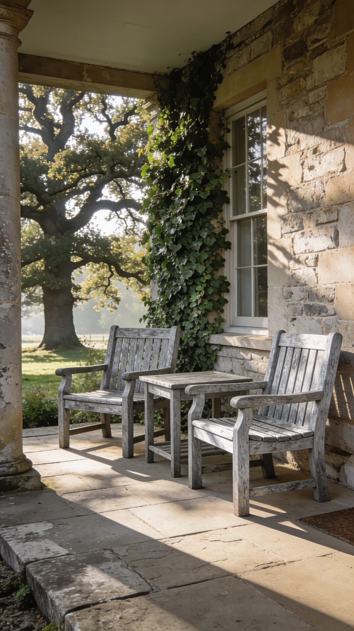 Weathered silvery-gray teak porch furniture on a traditional stone veranda with climbing greenery.