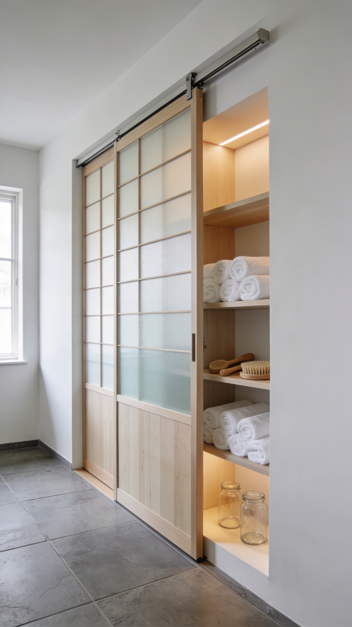 Minimalist bathroom featuring recessed wall niches hidden behind sliding shoji-style panels for space-saving storage.