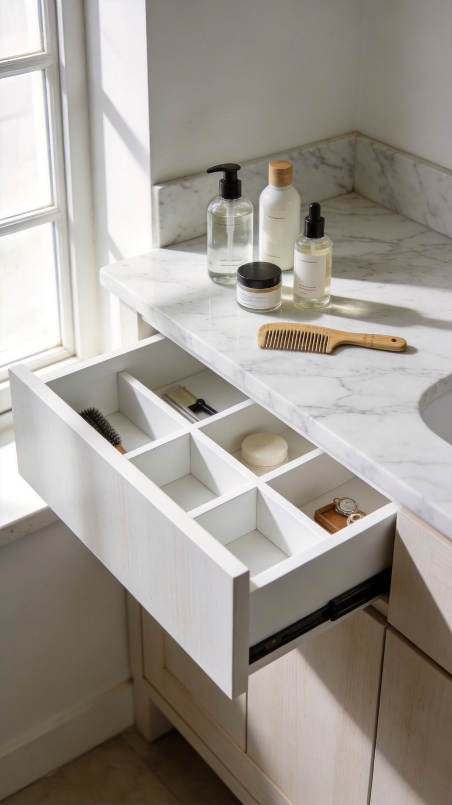 A top-down wide view of an open wooden bathroom drawer organized with geometric bento-style dividers and minimalist toiletries on a marble counter.