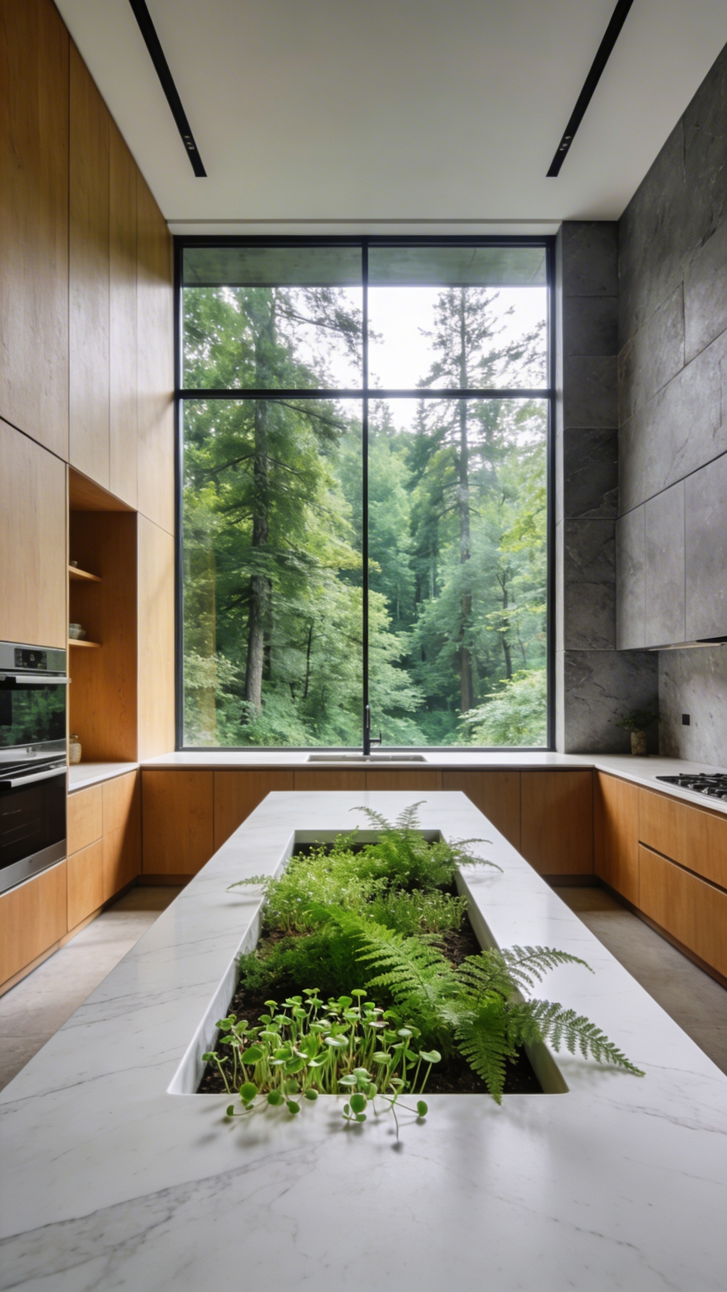 A modern kitchen renovation emphasizing biophilic modernism with a large picture window framing a forest and an integrated countertop garden.