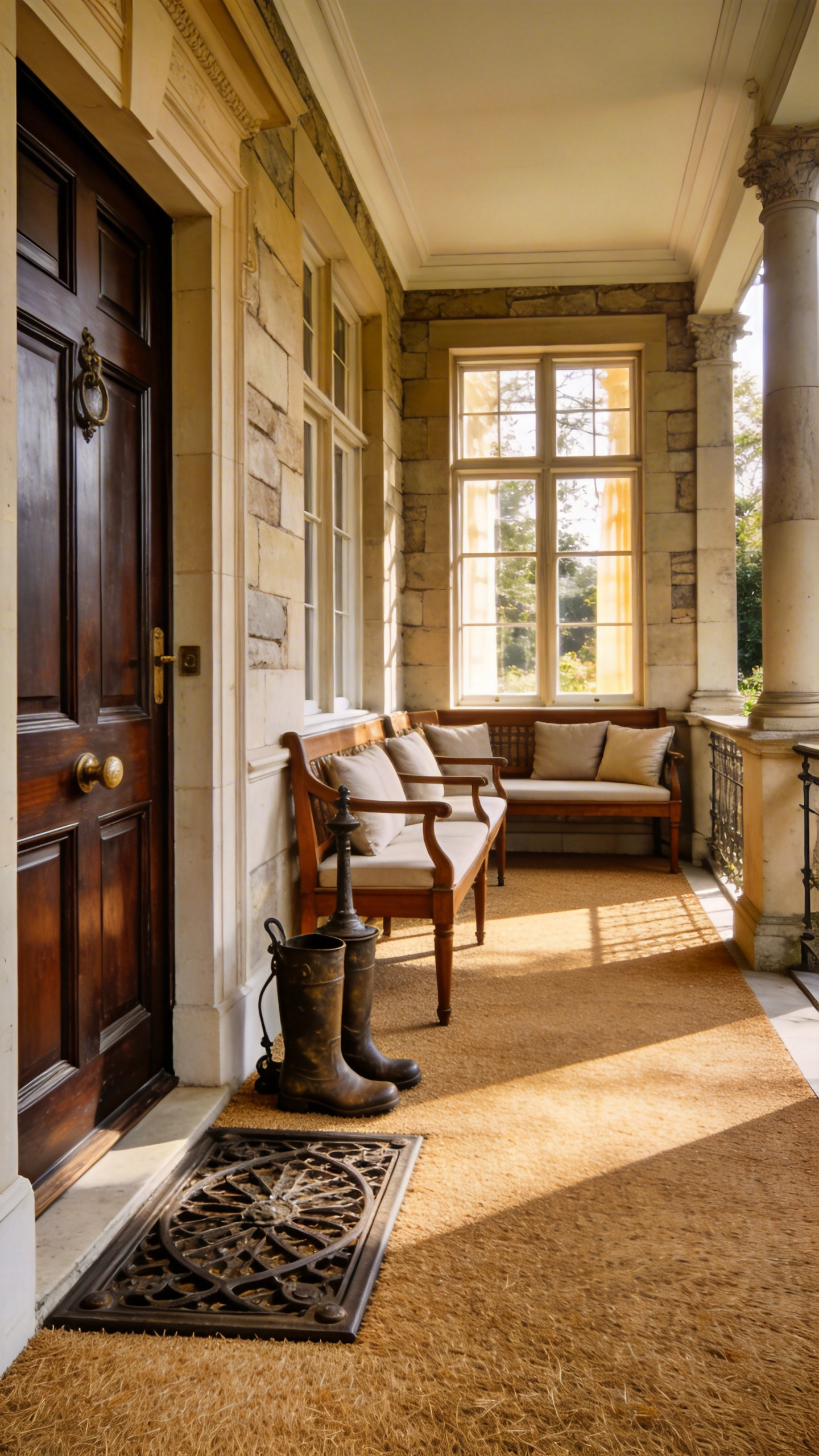 A grand British-style porch featuring wall-to-wall coir matting, a classic cast-iron boot scraper, and elegant wooden porch furniture.