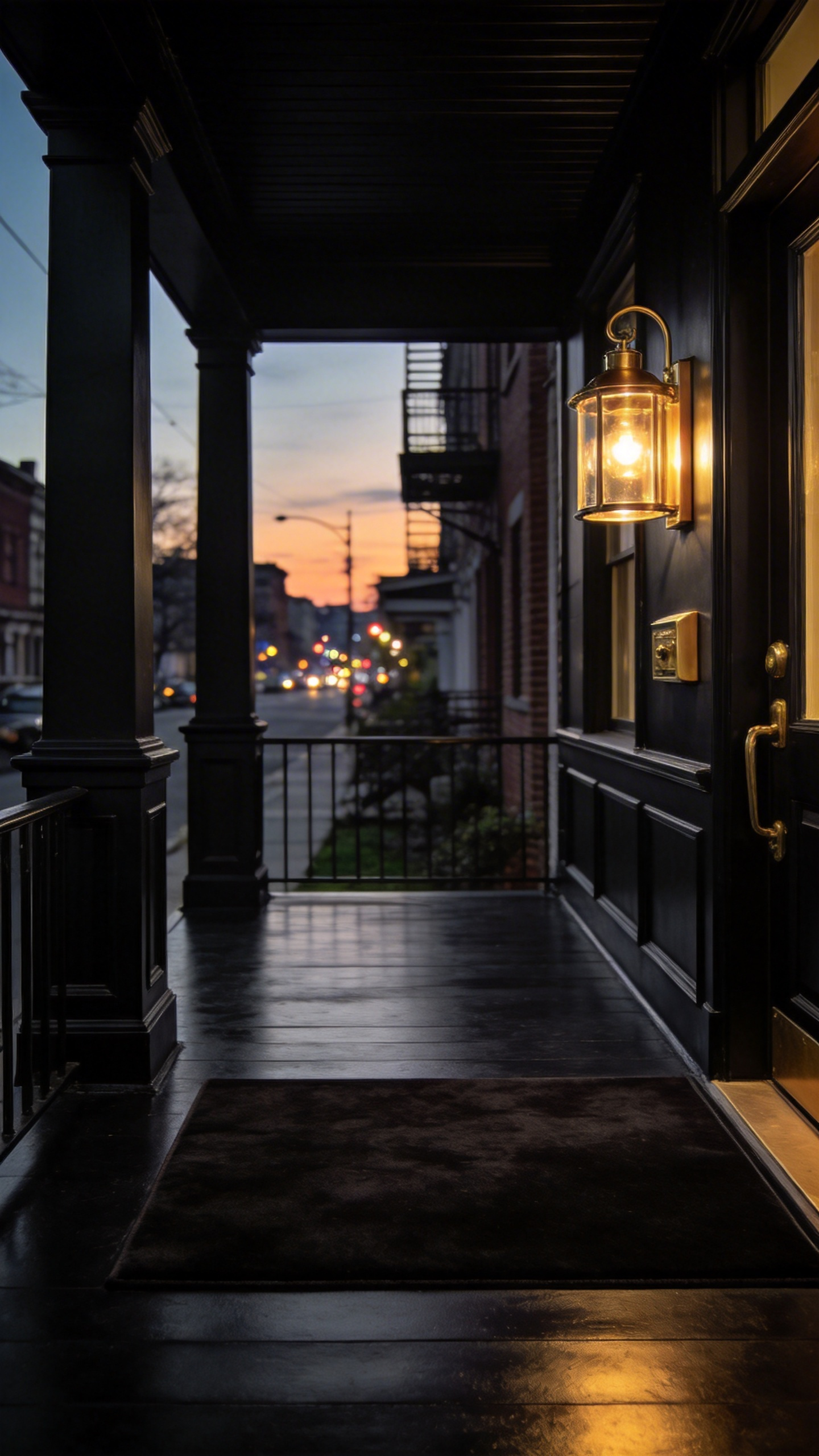 A sophisticated urban townhouse porch featuring charcoal gray paint and brushed brass accents at twilight.