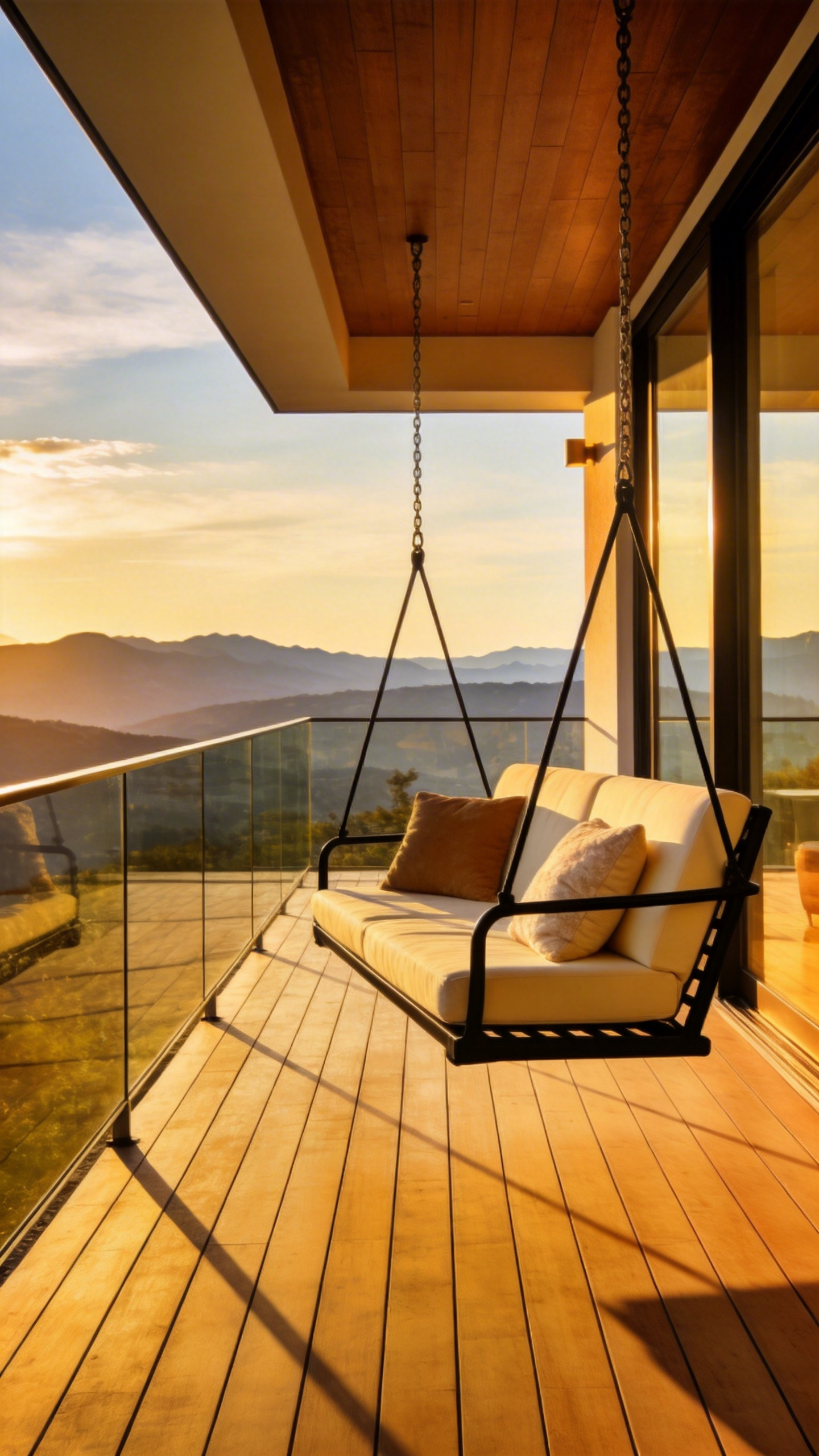A modern minimalist porch swing with cream cushions on a contemporary wooden deck overlooking a mountain sunset.