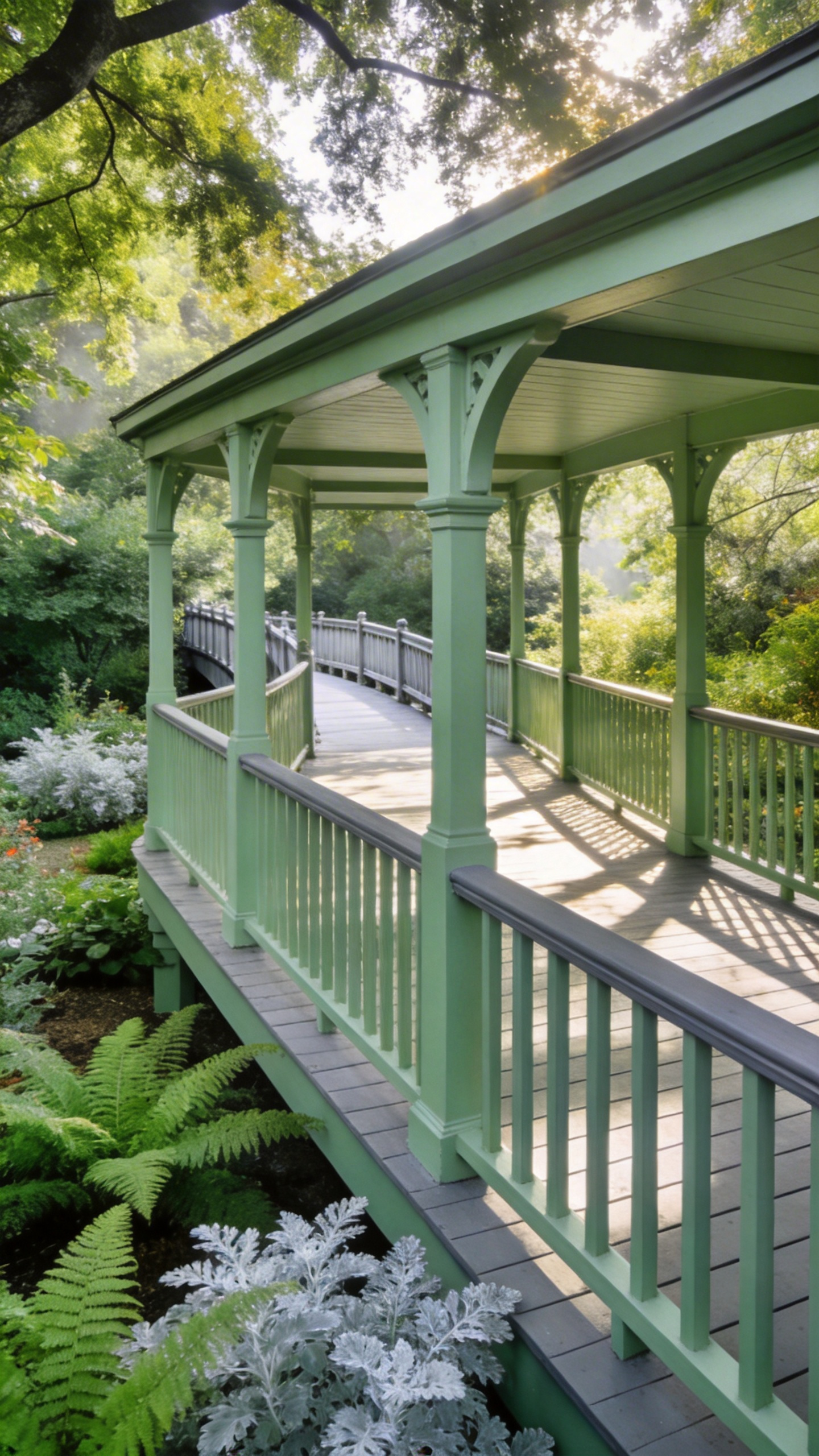 A wide shot of a classic porch painted in Eau de Nil green, transitioning into a lush garden with ferns and trees under soft morning light.