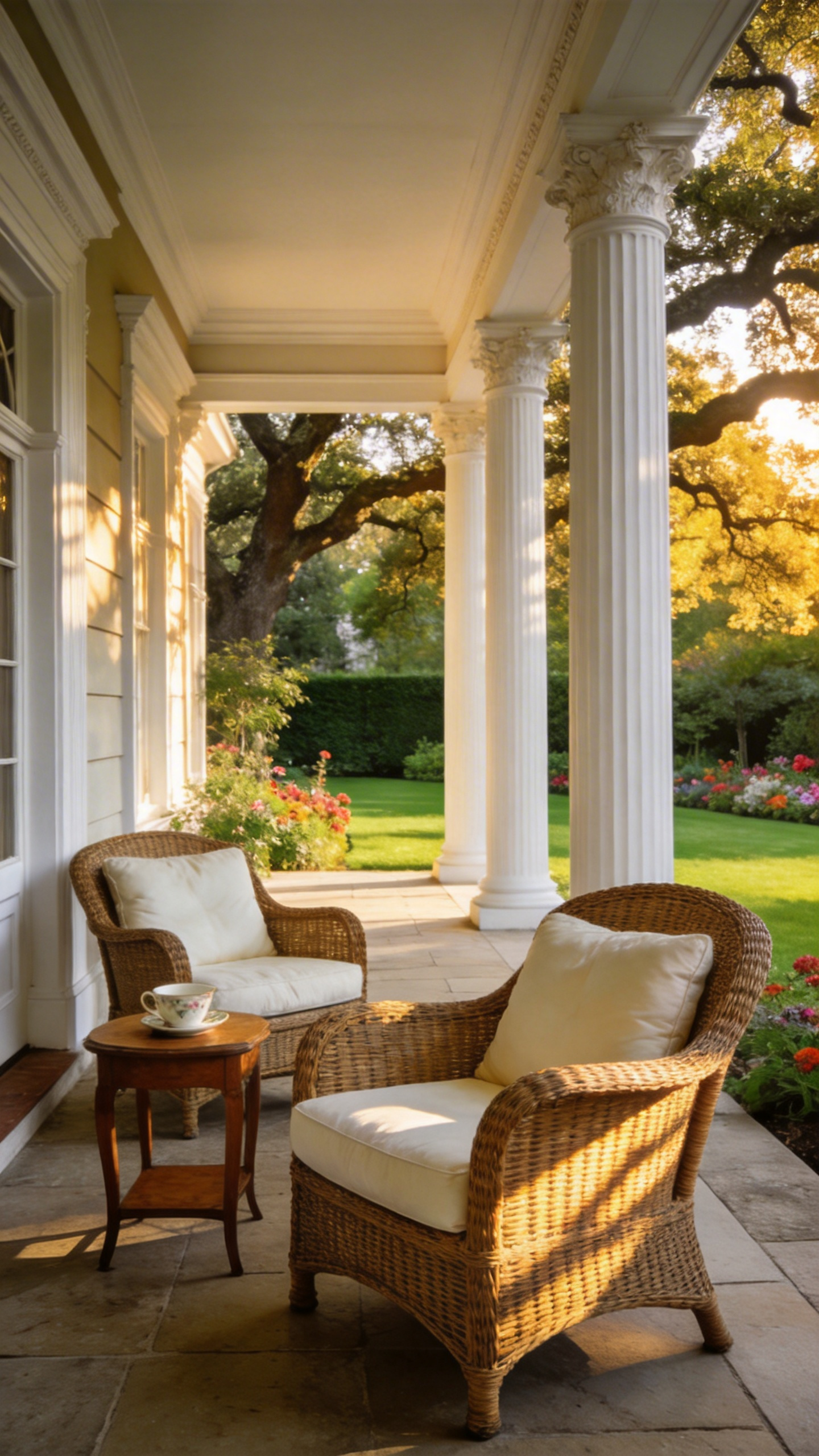 A spacious Edwardian porch featuring vintage wicker furniture and white columns overlooking a lush green garden at sunset.