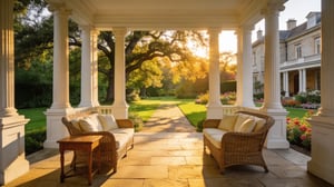 A spacious Edwardian porch featuring vintage wicker furniture and white columns overlooking a lush green garden at sunset.