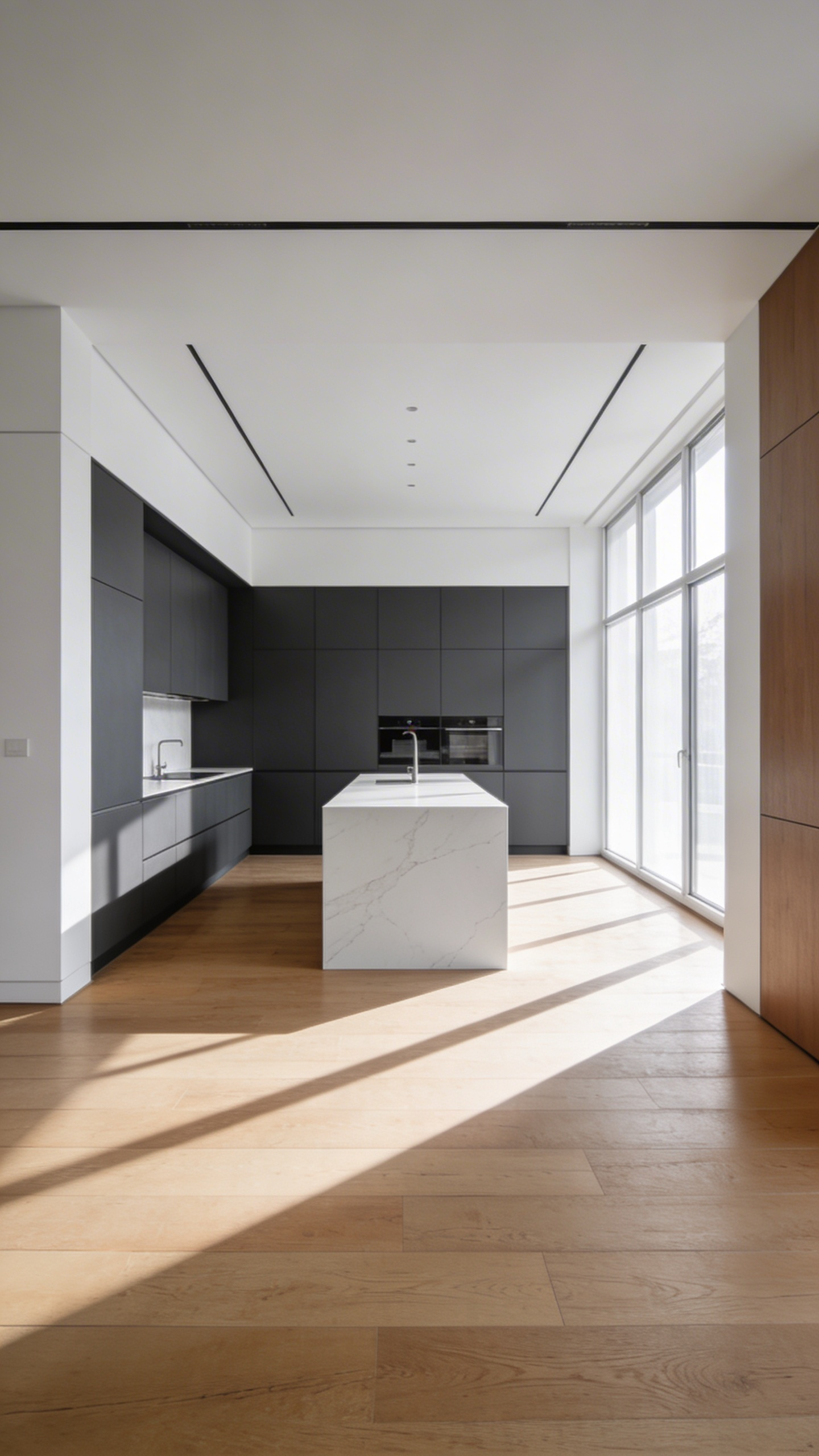 Minimalist European kitchen design featuring handle-less grey cabinetry and a marble island with significant open floor space and natural lighting.