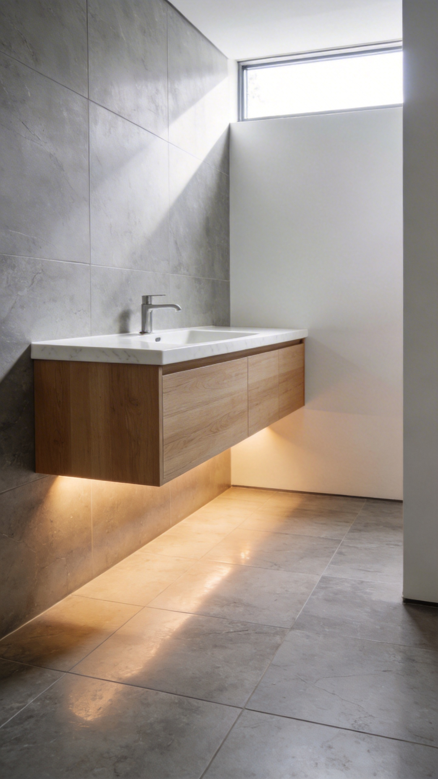 Modern minimalist bathroom with a floating wood vanity and integrated sink over a continuous limestone tile floor.