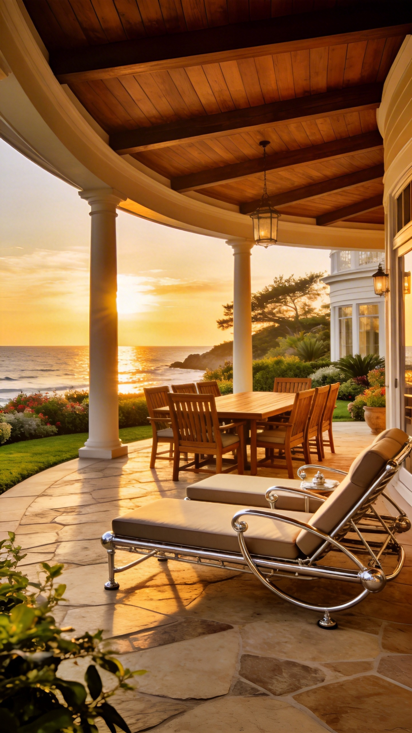 Luxury generational porch furniture set featuring a teak table and steel-framed chairs on a stone veranda overlooking the sea at sunset.
