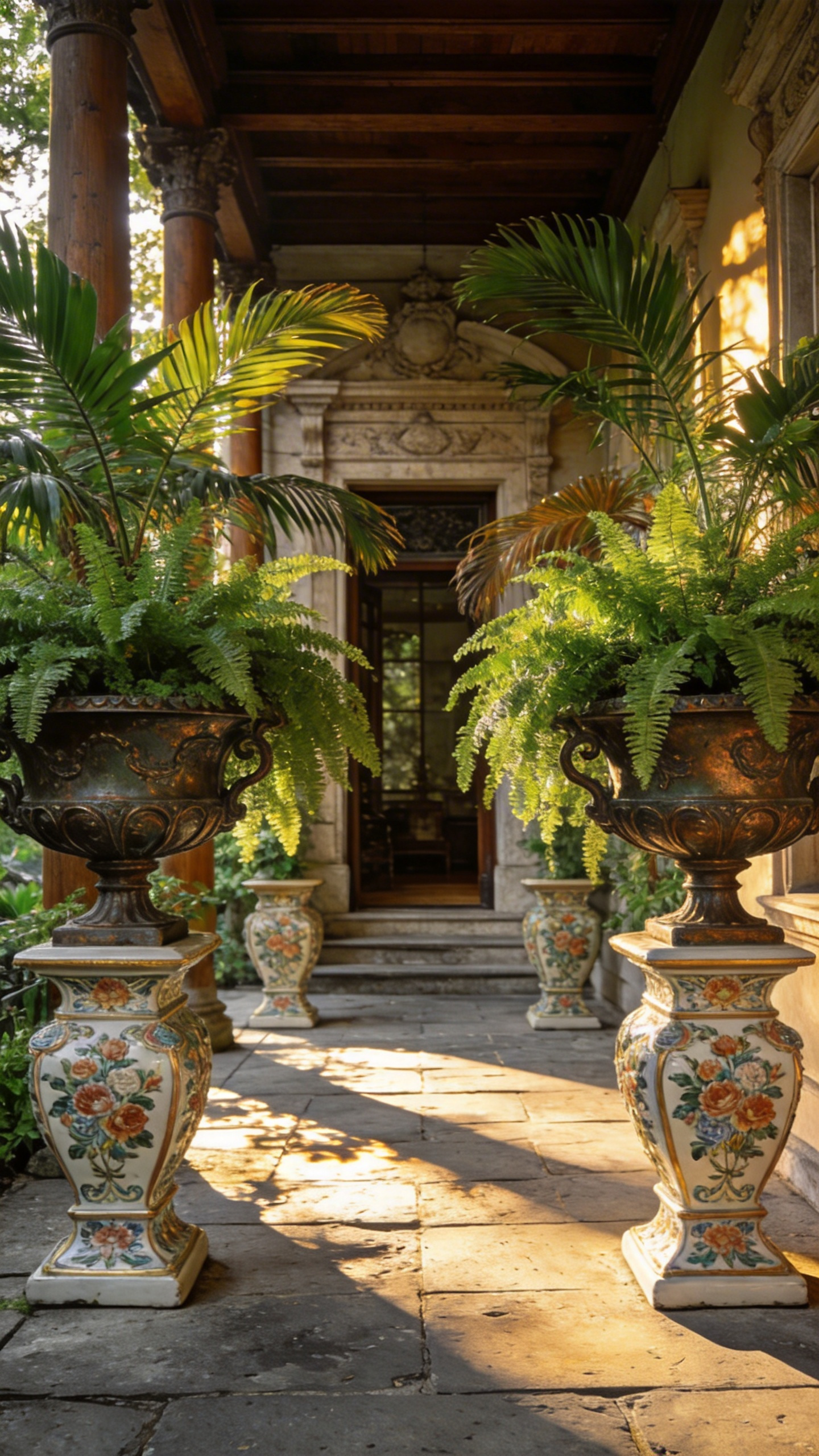 A grand Victorian porch featuring large cast-iron urns and Royal Doulton pedestals used as structural botanical furniture.