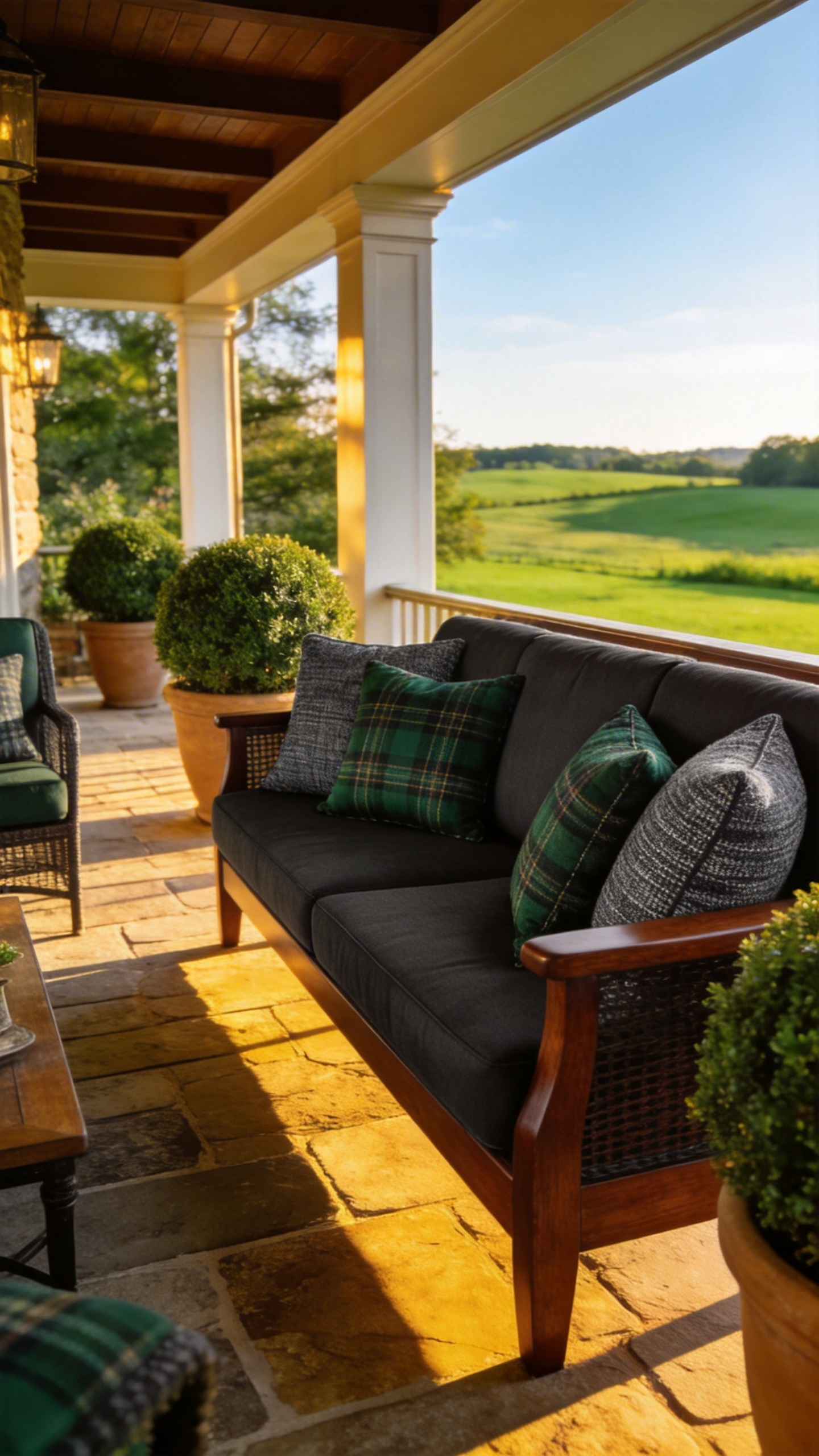 Luxury porch furniture featuring outdoor cushions in classic British tartan and tweed patterns on a stone patio.