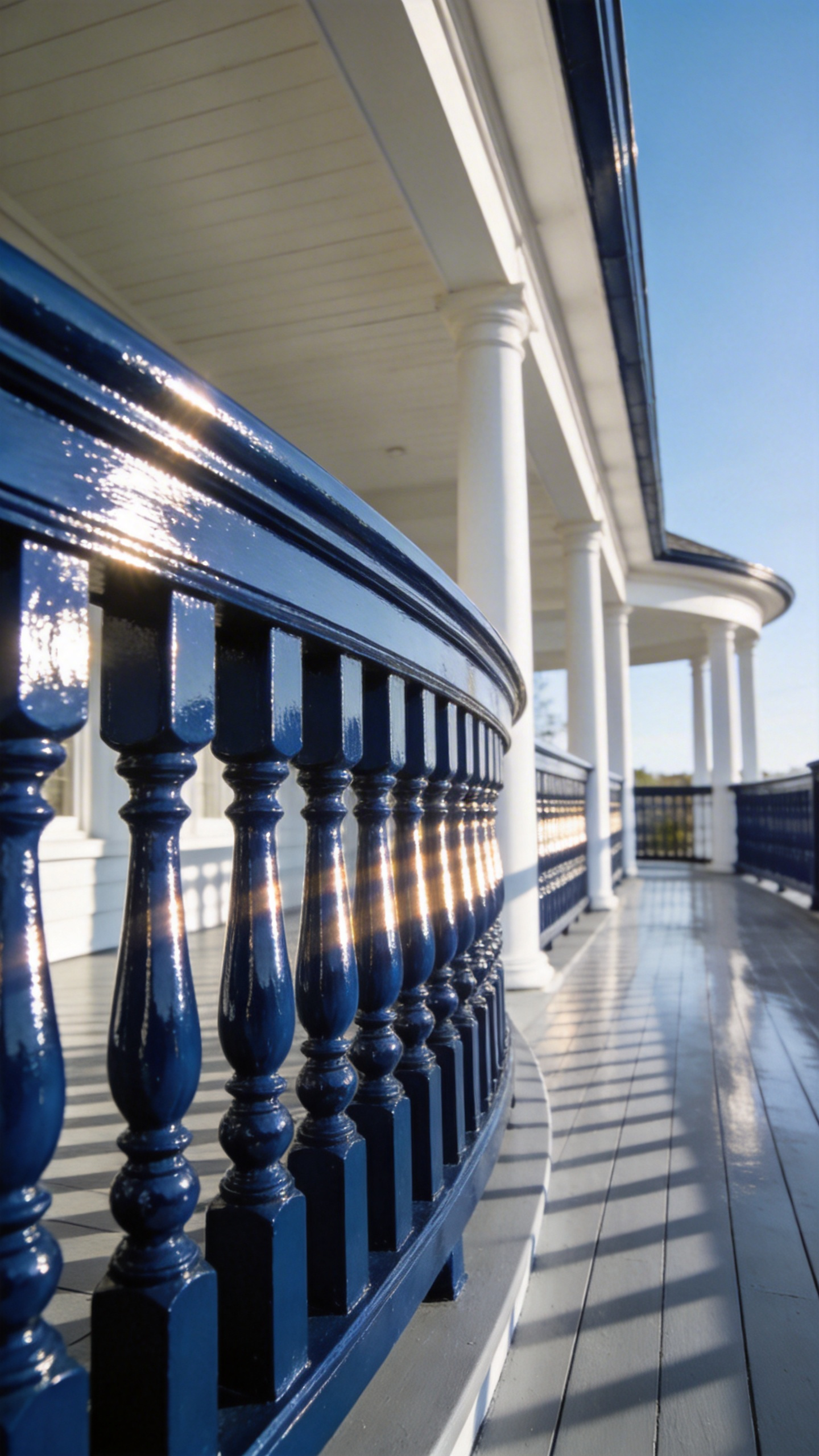 A wide view of a grand porch with high-gloss navy blue railings and spindles reflecting bright sunlight.