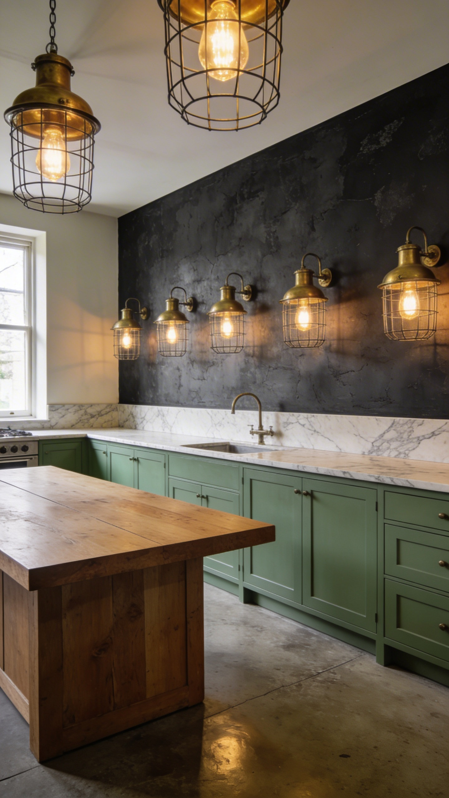A spacious modern kitchen featuring industrial brass caged bulkhead lights on a dark textured wall.