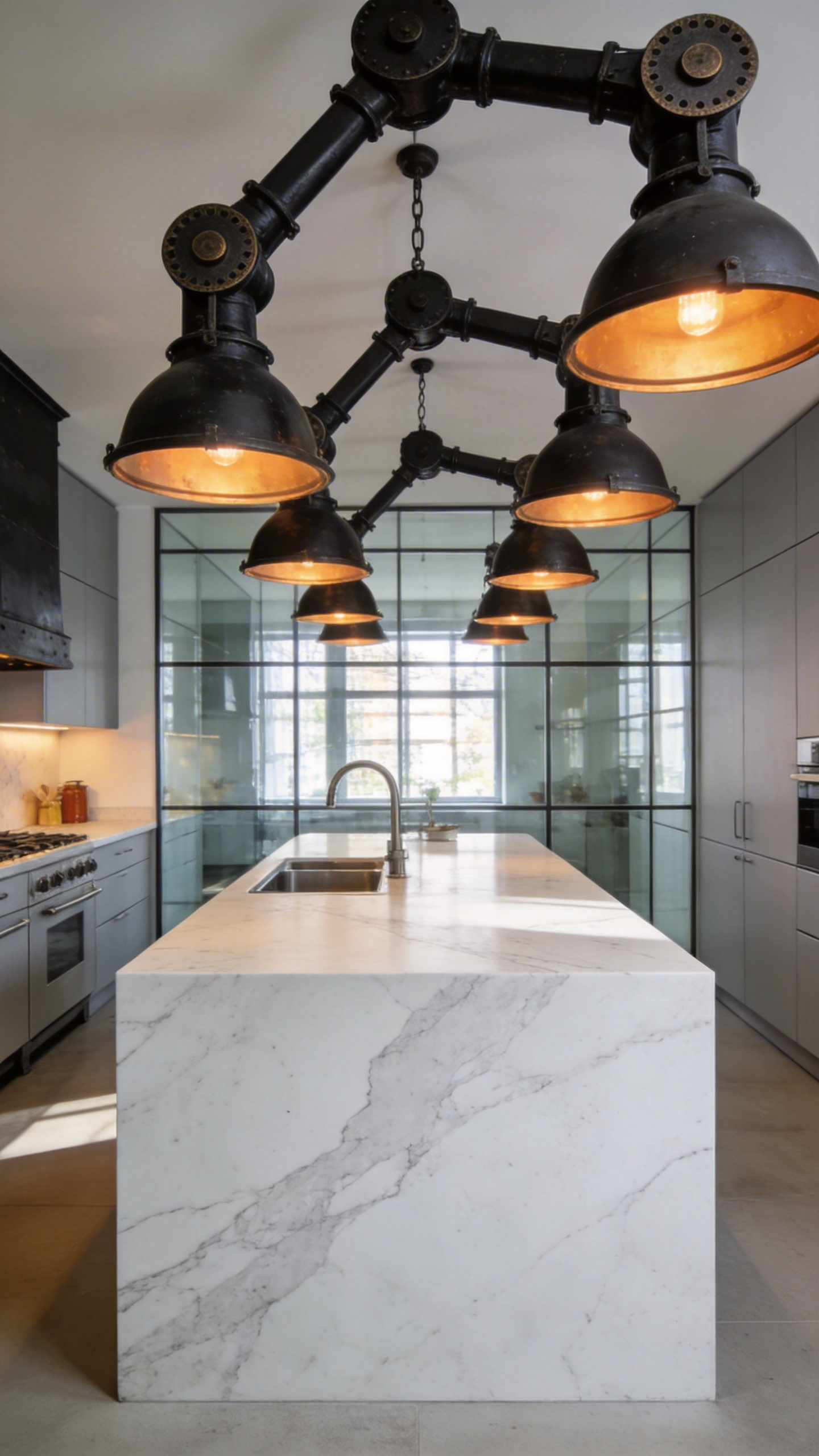 A contemporary white marble kitchen featuring heavy black cast iron articulated industrial lighting fixtures as a visual anchor.