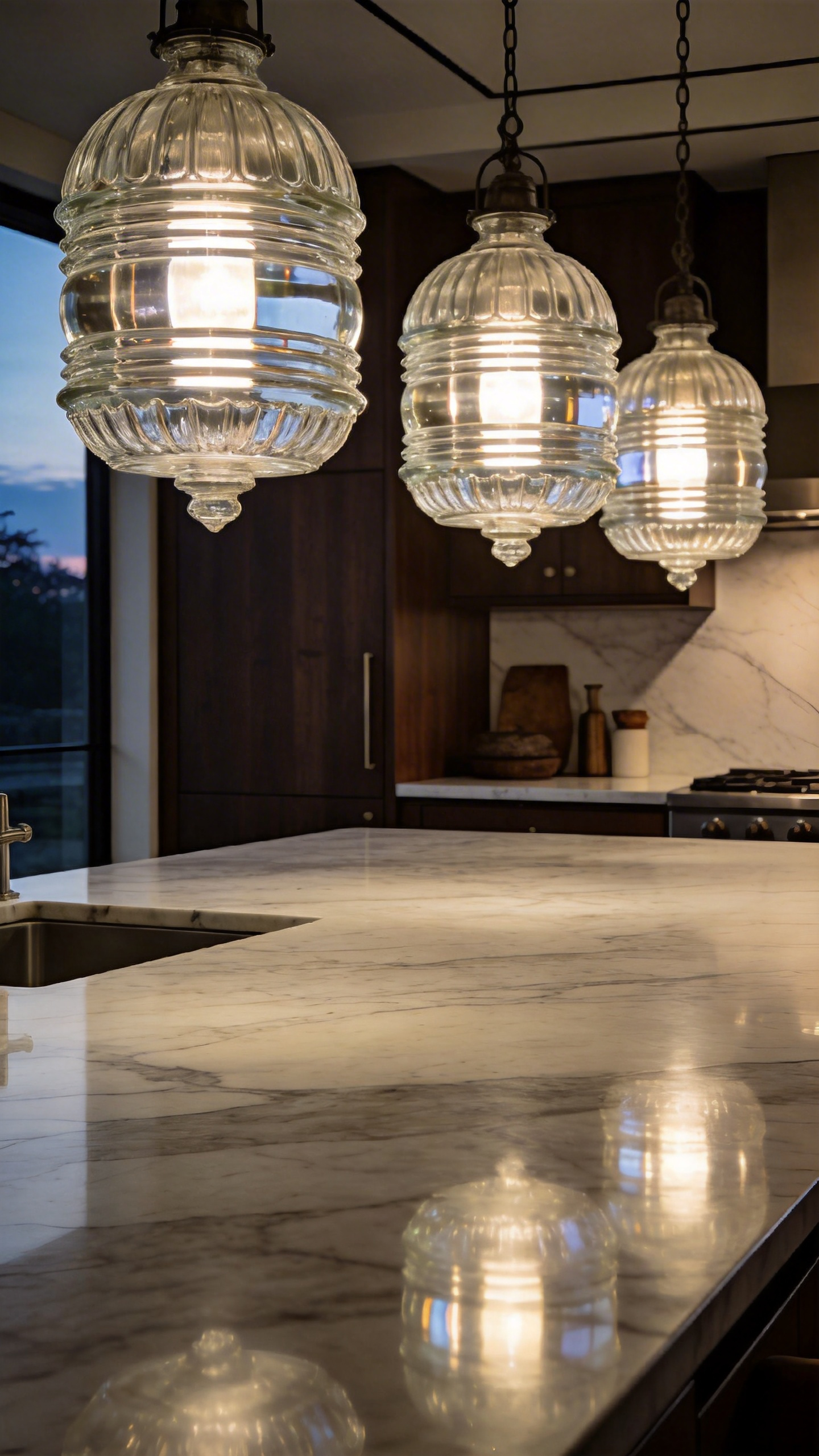 Three ribbed Holophane glass pendant lights hanging over a modern kitchen island with marble countertops and dark cabinetry.