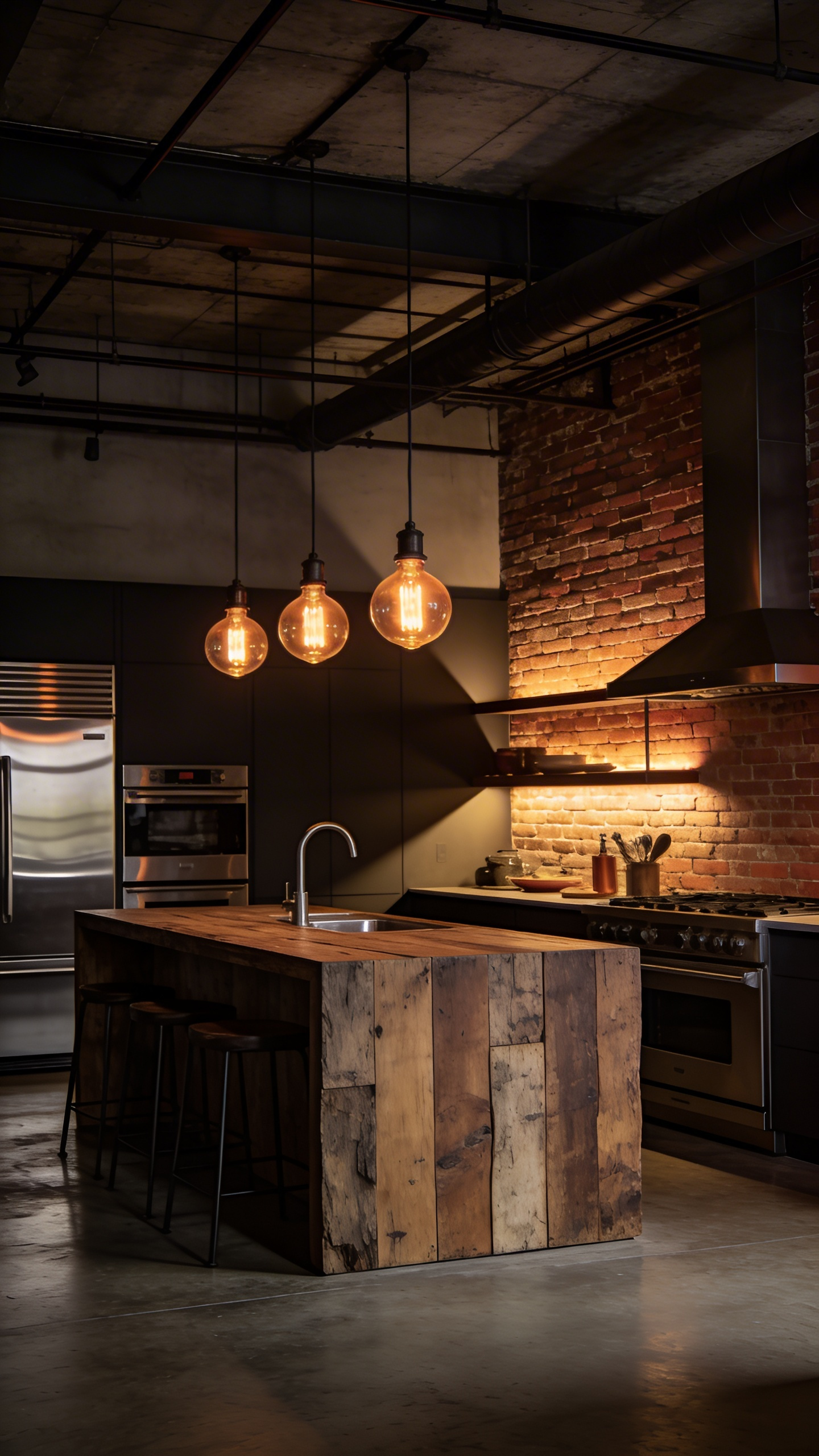 A modern industrial kitchen featuring warm dimmed Edison bulb lighting over a reclaimed wood island and polished concrete floors.