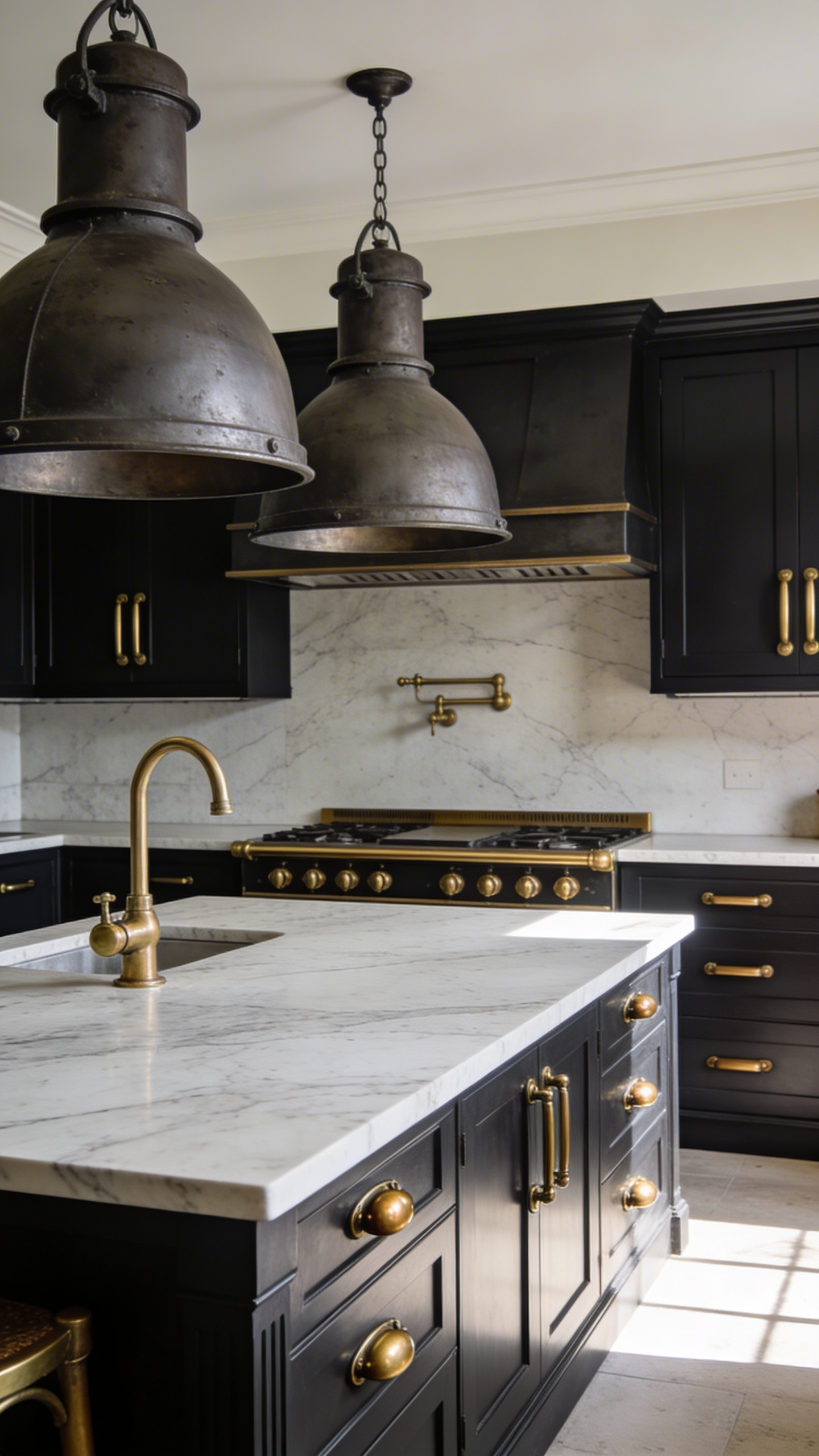 A luxury kitchen interior featuring large forged steel industrial pendant lights and cabinets with warm brass hardware.