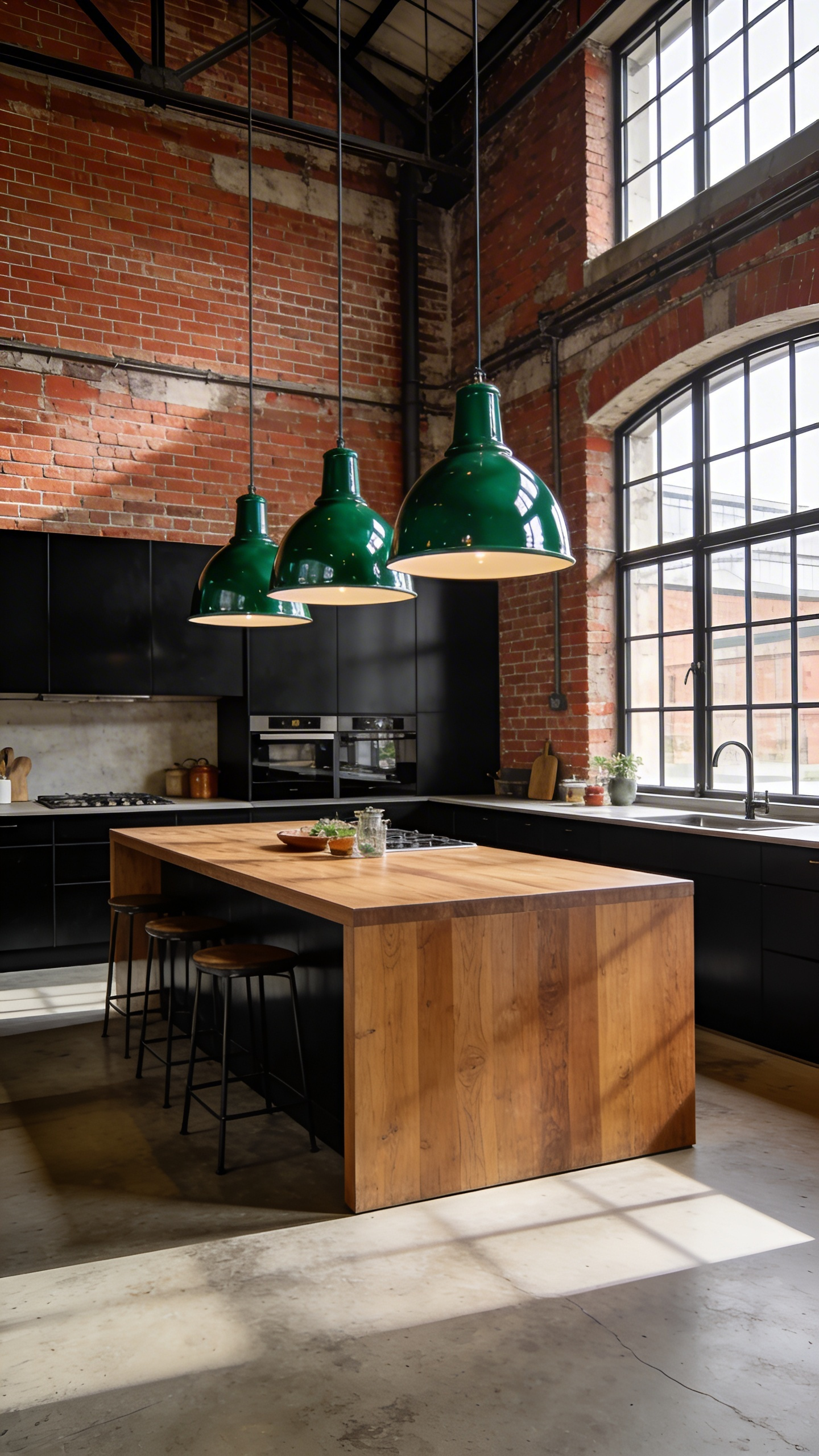 Large green vitreous enamel industrial pendant lights hanging over a wooden kitchen island in a modern British kitchen with exposed brick walls.