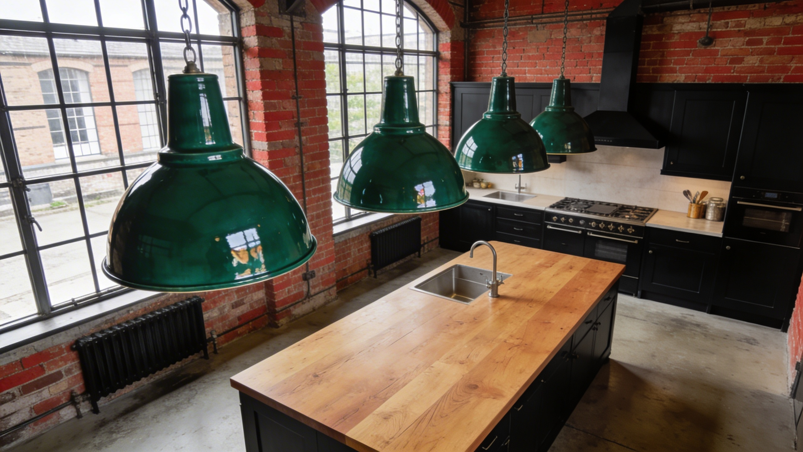 Large green vitreous enamel industrial pendant lights hanging over a wooden kitchen island in a modern British kitchen with exposed brick walls.