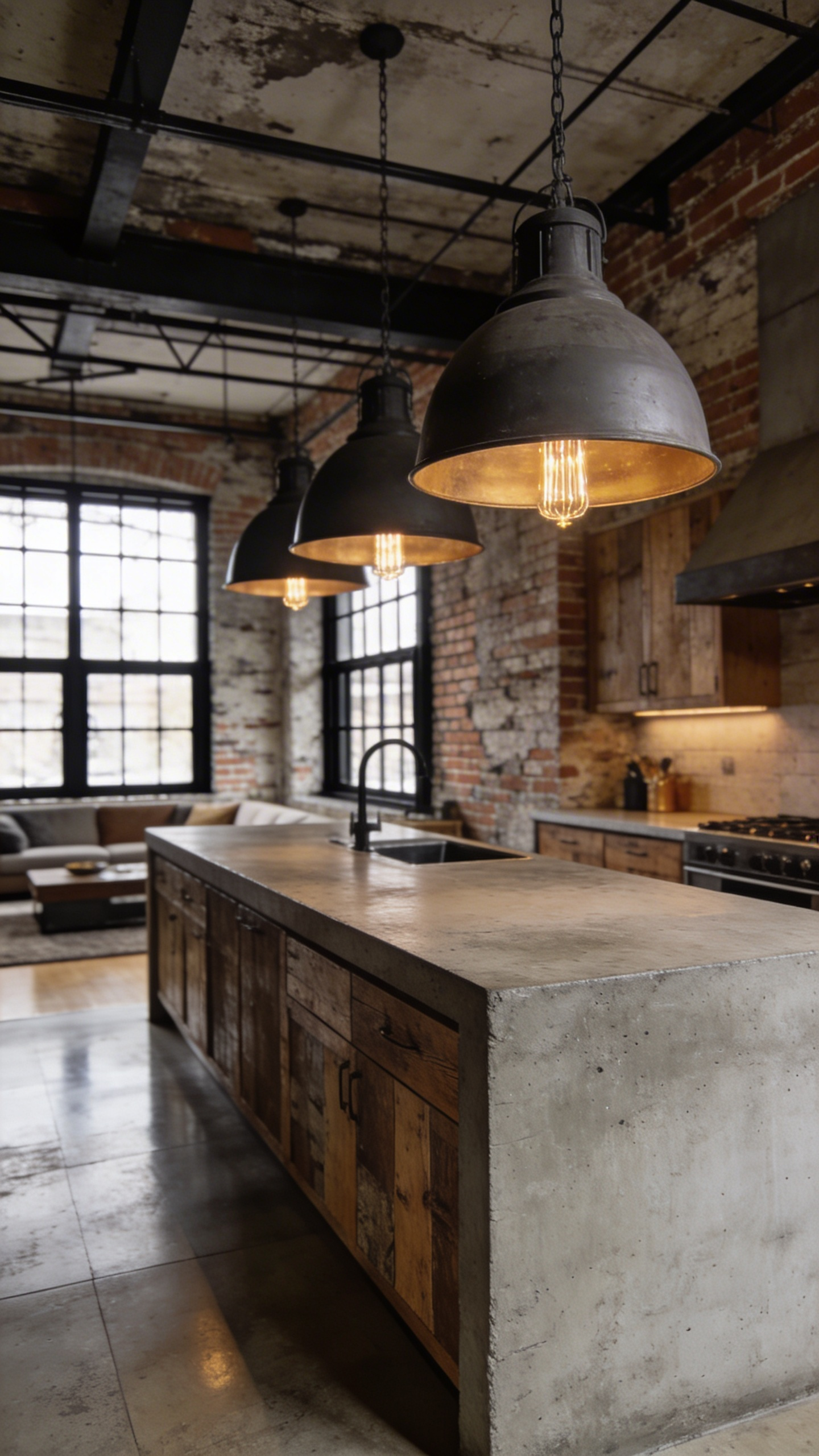 A wide-angle view of a curated industrial loft kitchen featuring large-scale pendant lights over a concrete island with exposed brick walls and metal windows.