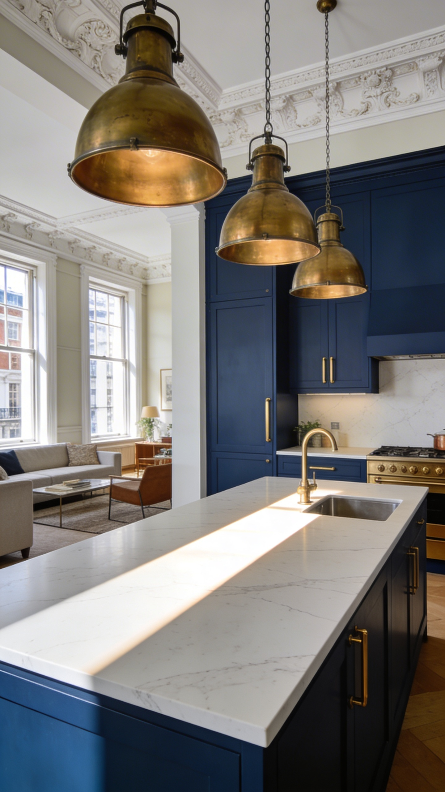 Industrial brass pendant lights hanging over a central kitchen island in a historic London flat conversion.