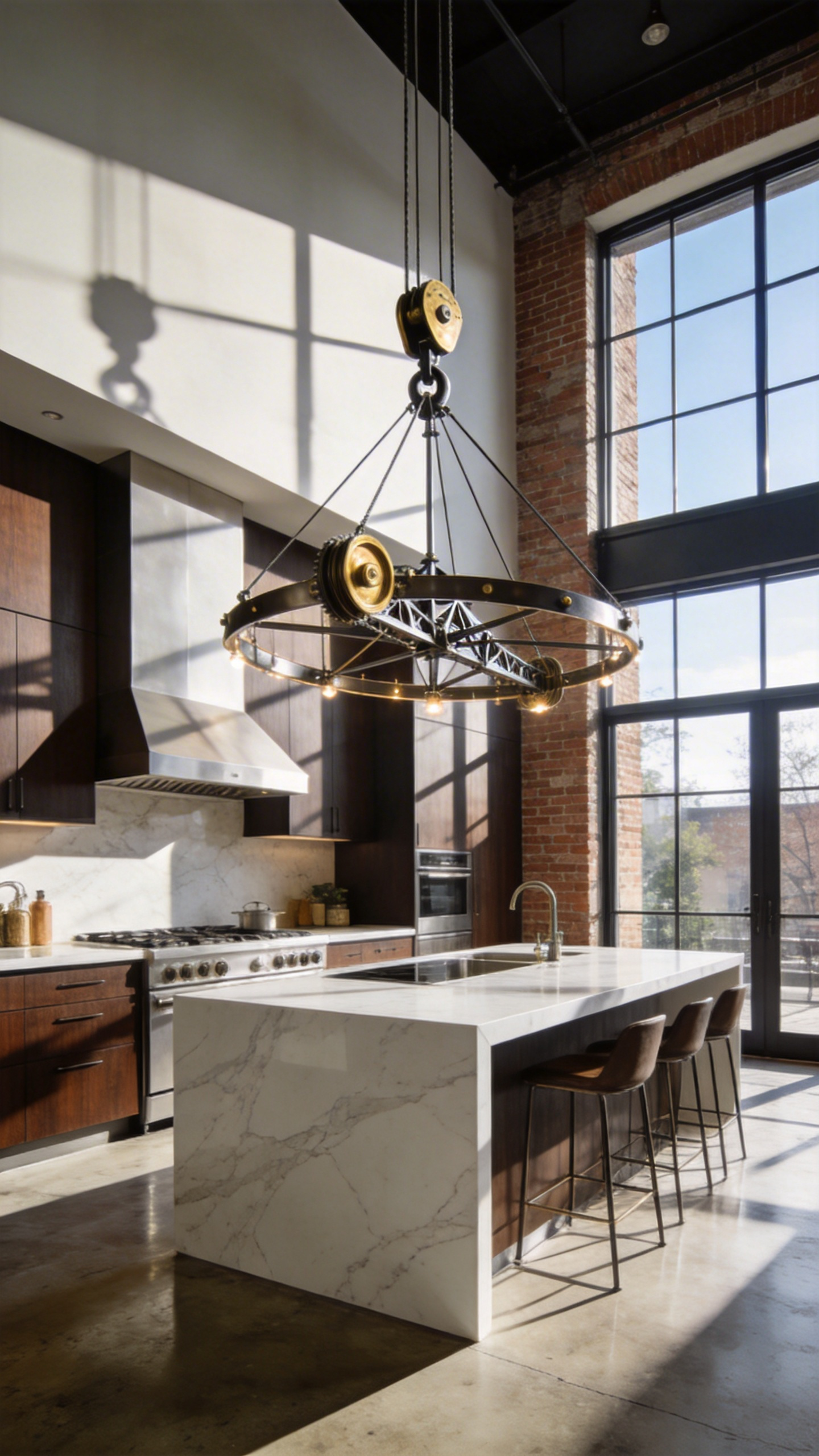 A high-end modern kitchen featuring an industrial counterweight pulley lighting system over a marble island.