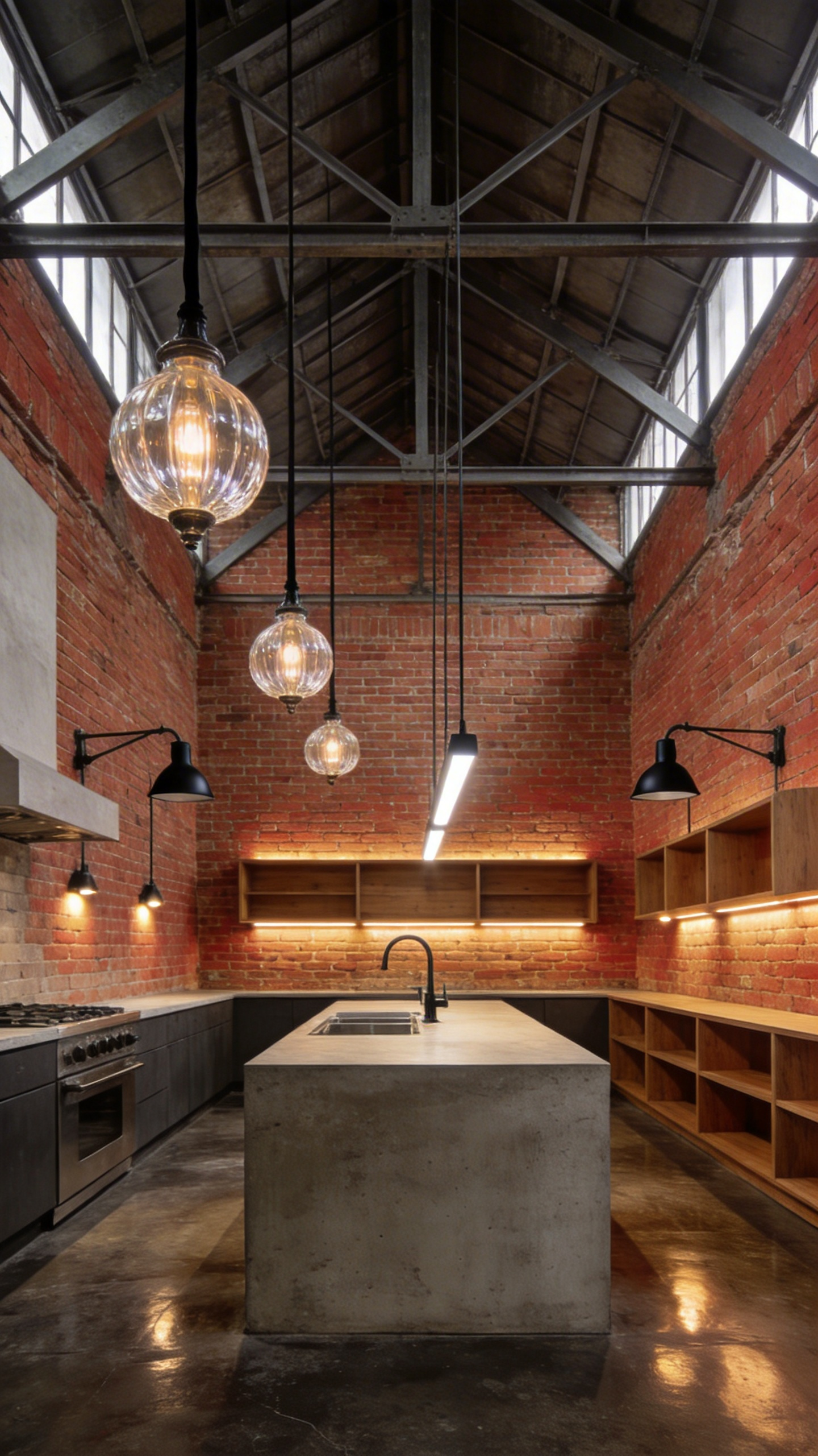 A wide-angle view of an industrial kitchen showcasing a combination of prismatic glass pendant lights, task lamps over an island, and accent lighting against a brick wall.