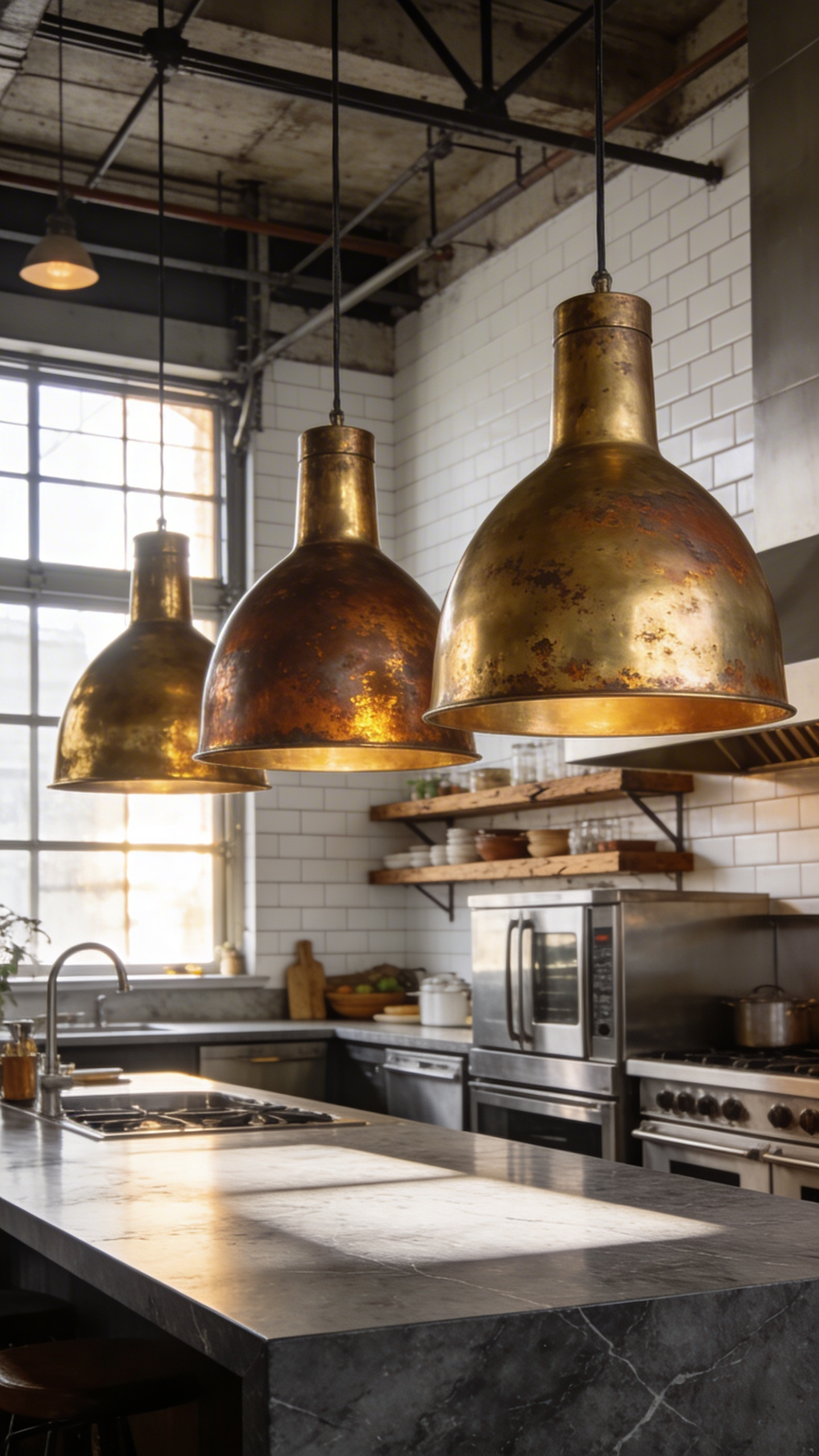 Three industrial unlacquered brass pendant lights with a natural aged patina hanging over a modern kitchen island.