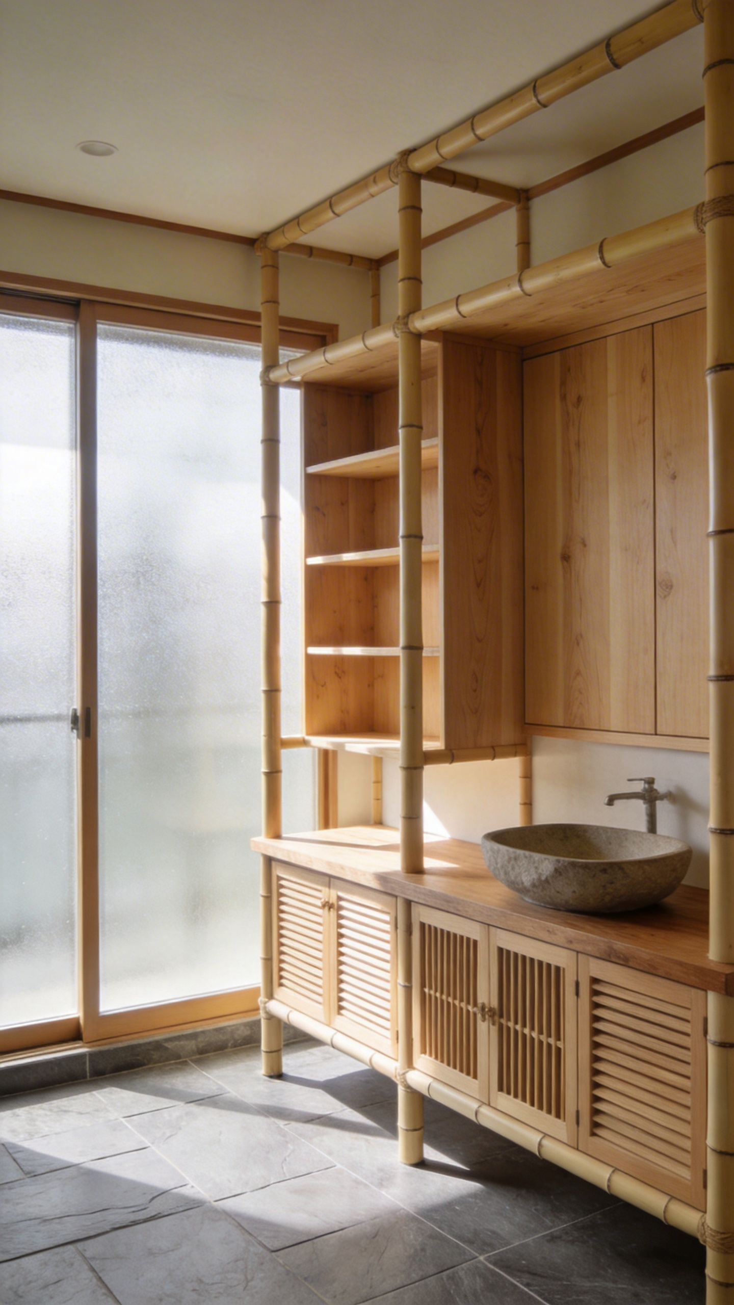 A modern Japanese bathroom featuring a large storage vanity made of sustainable bamboo frames and breathable Hinoki wood slats under soft natural light.