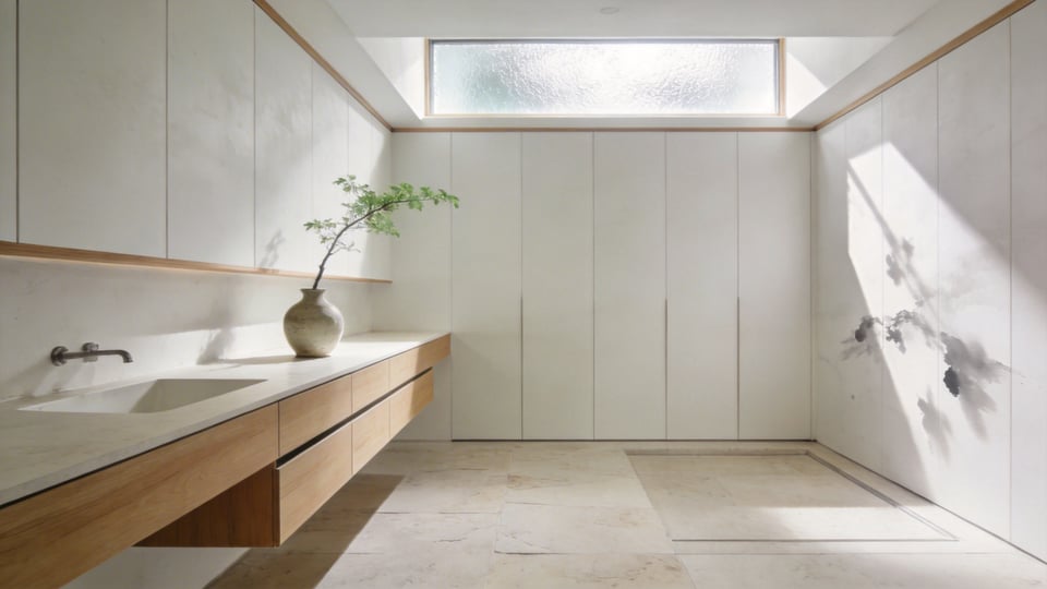 A minimalist small bathroom with light wood accents and white walls illustrating the Japanese concept of empty space and hidden storage.