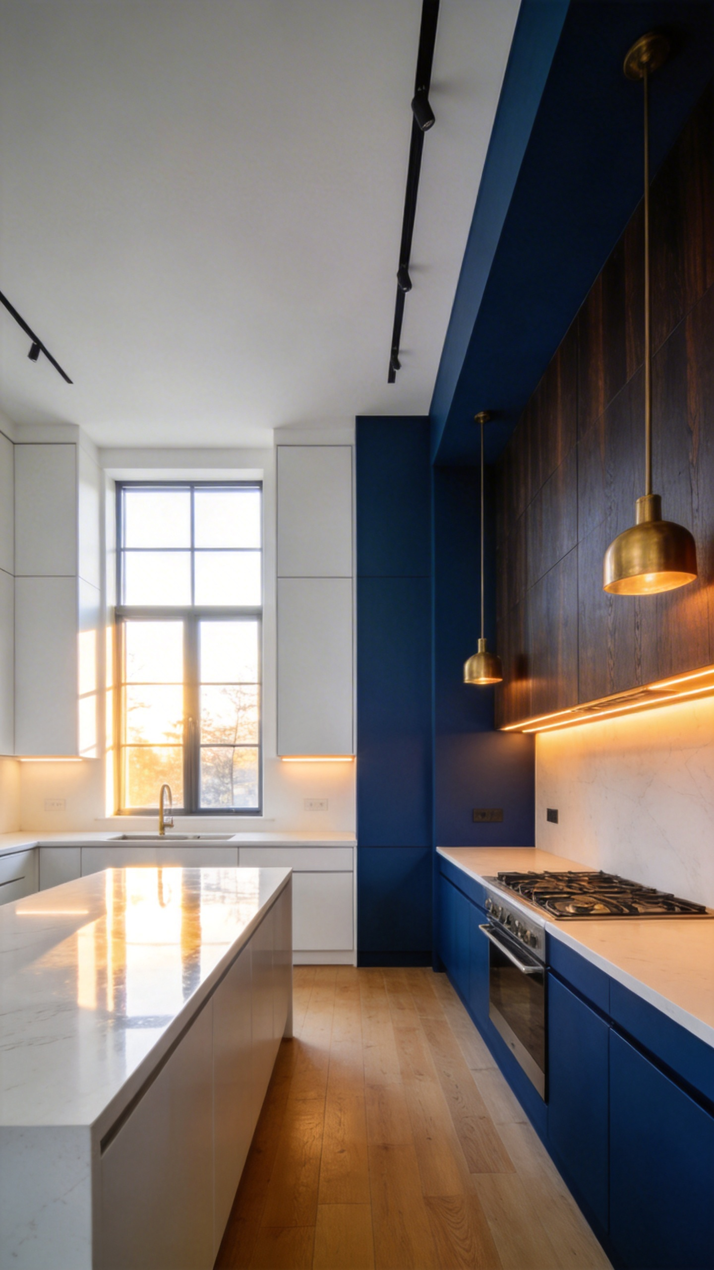 A split-mood kitchen design with bright white surfaces for morning energy and dark navy accents for an evening sanctuary atmosphere.
