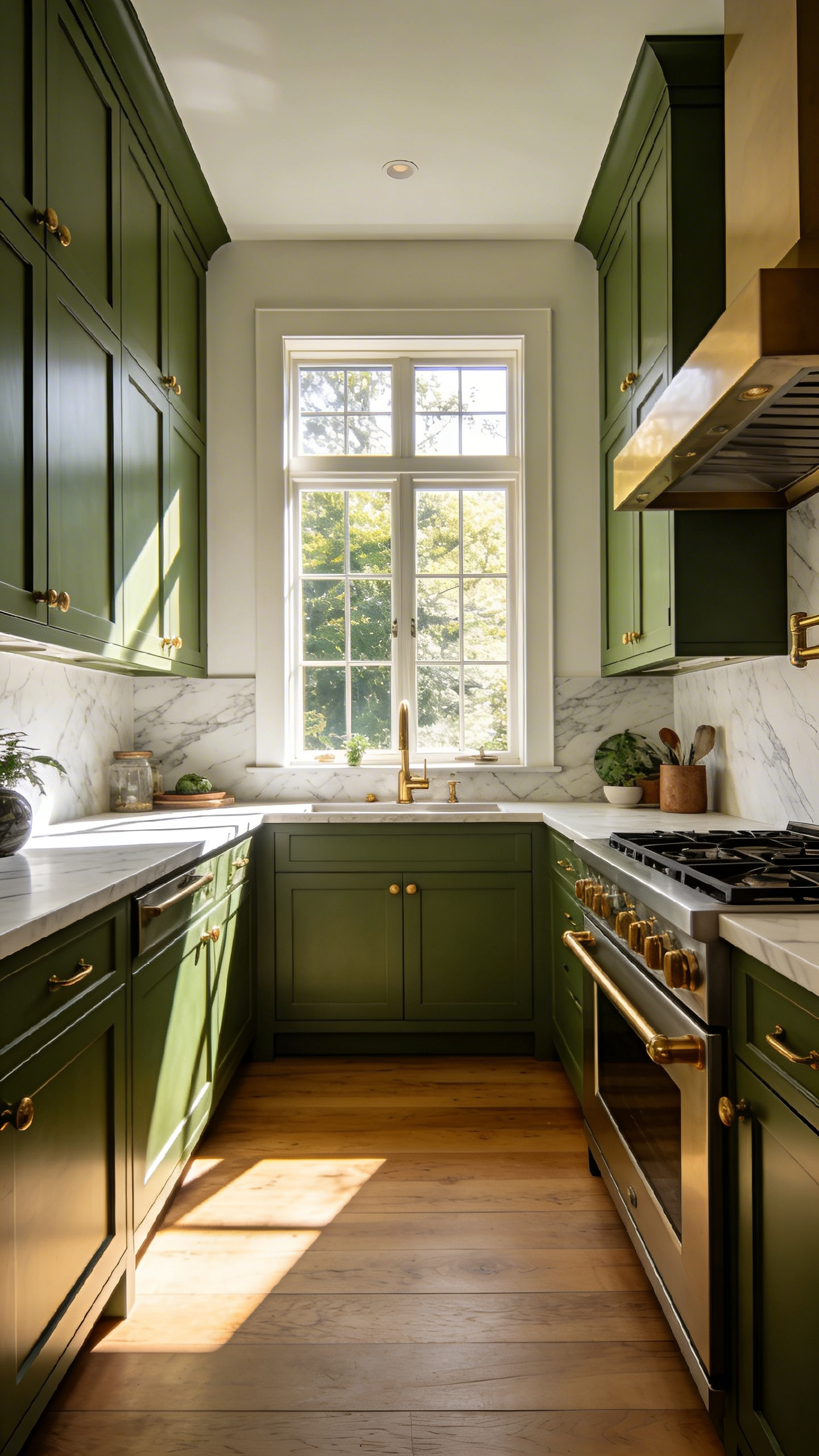 High-end kitchen featuring deep olive green cabinets and white marble island with warm natural lighting.