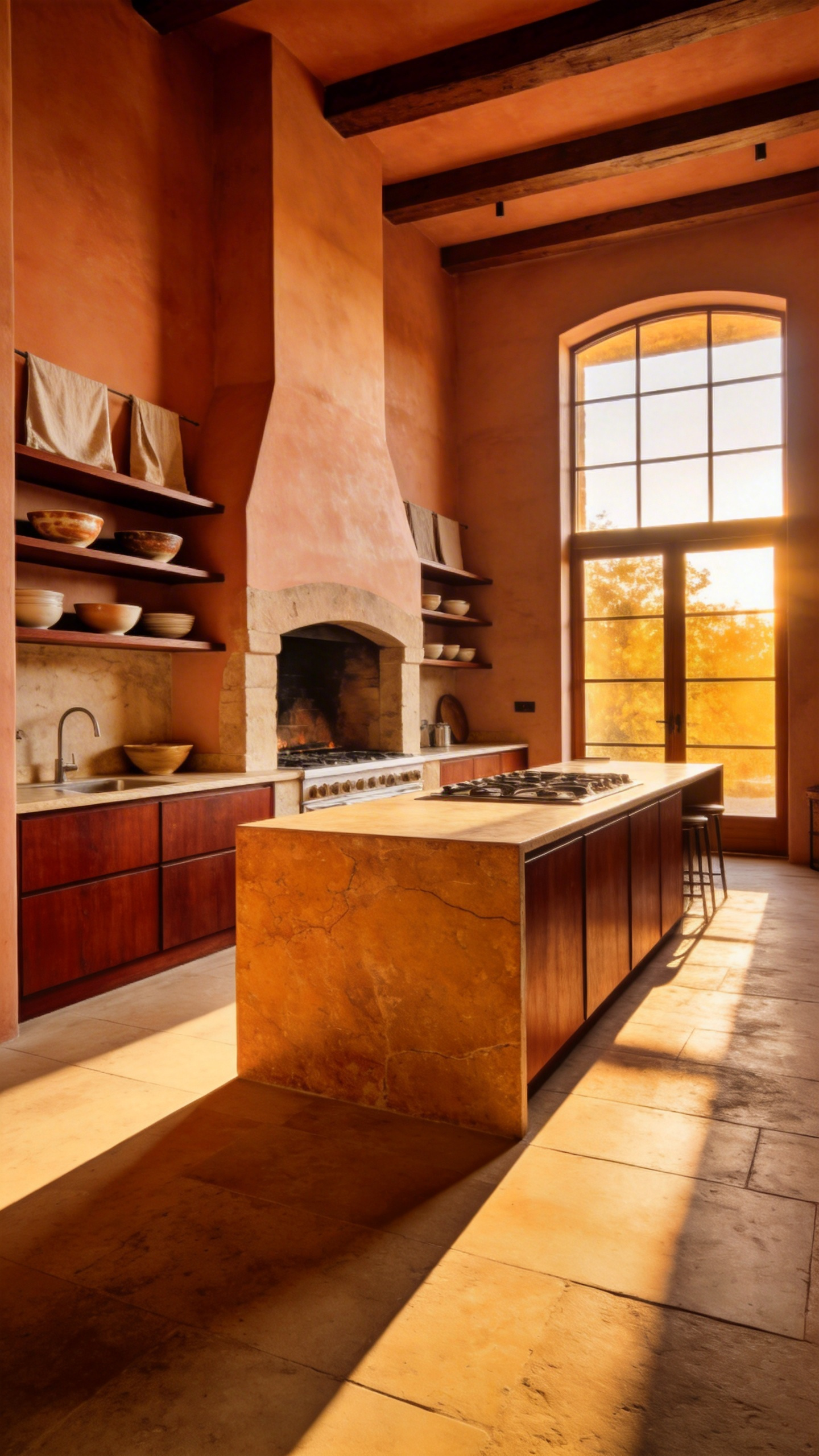 A modern kitchen designed with warm terracotta walls and sienna cabinetry to create a comforting communal atmosphere based on color psychology.