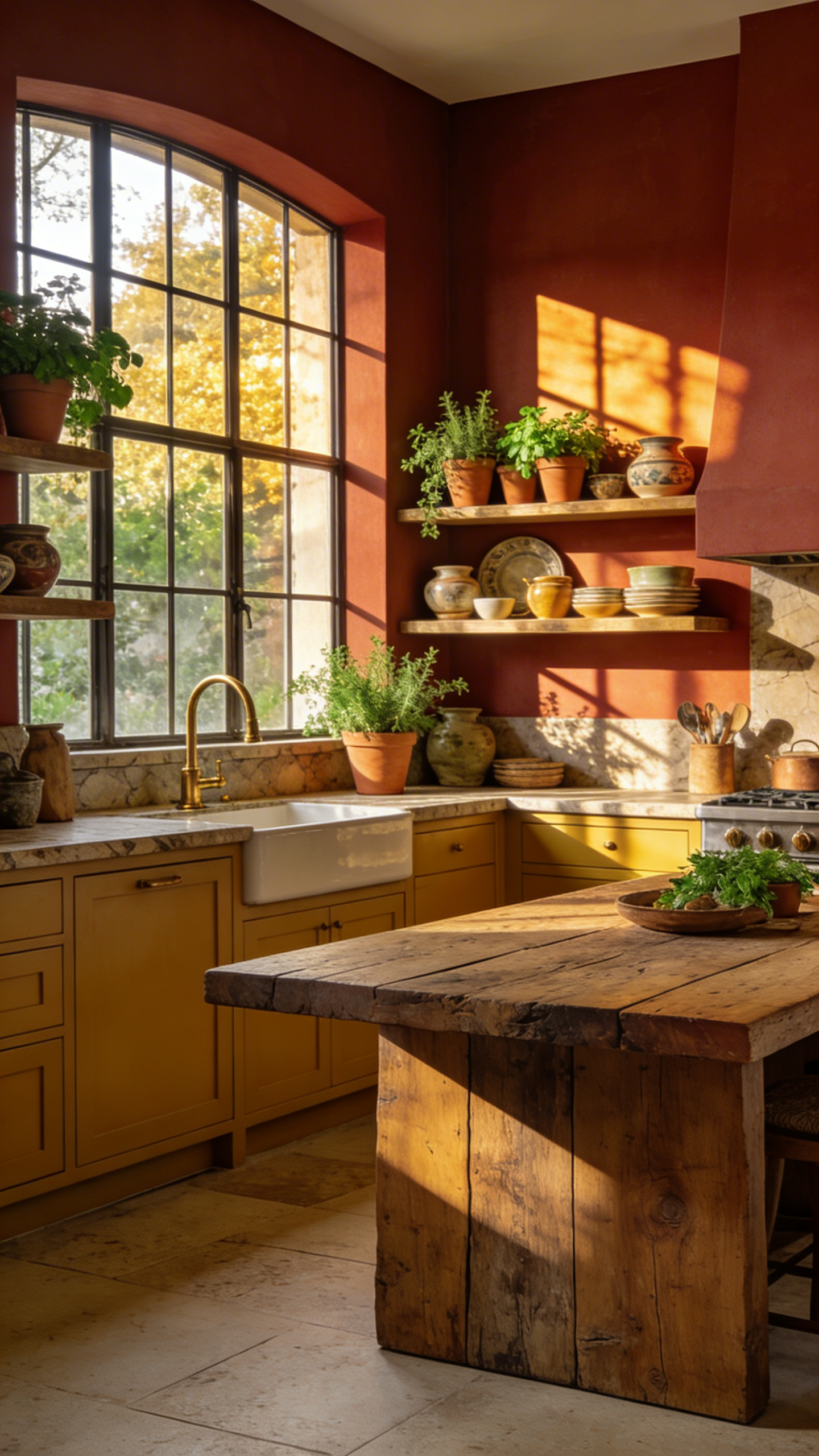 A vibrant kitchen interior featuring deep terracotta walls, ochre cabinets, and natural wood textures under warm sunlight.