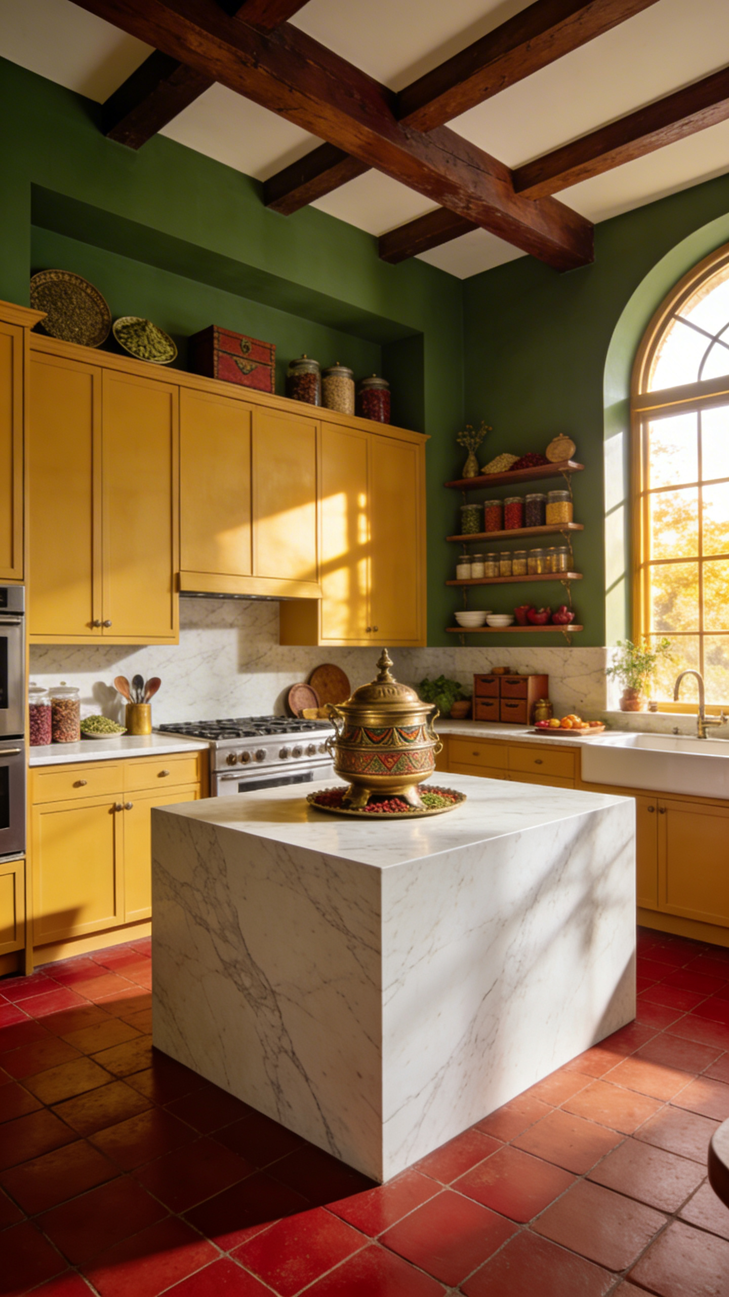 A wide-angle photograph of a kitchen featuring a spice-inspired color palette of turmeric yellow, cardamom green, and chili red.