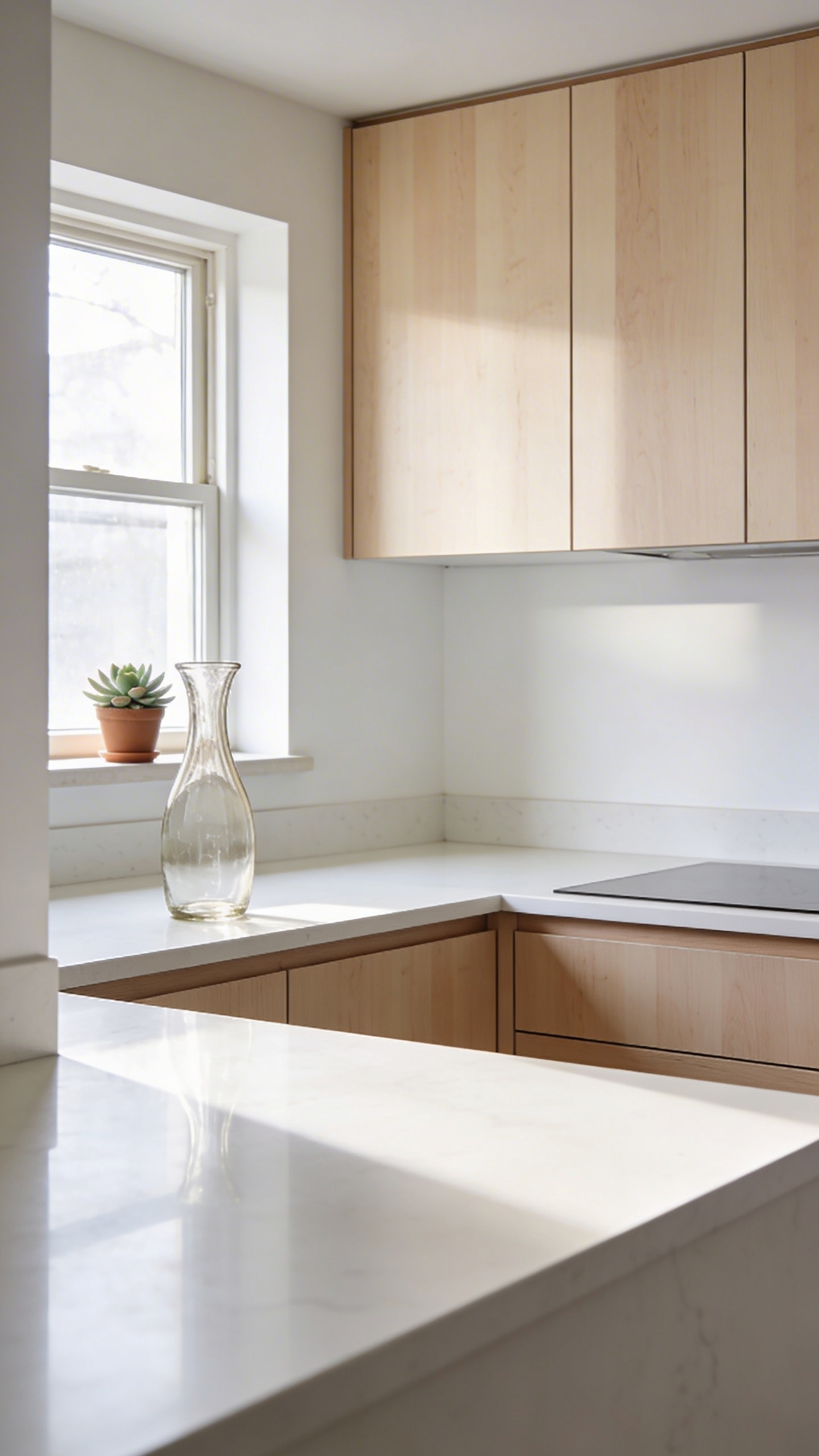 A bright and decluttered minimalist small kitchen with light wood cabinets and empty white countertops under soft natural light.