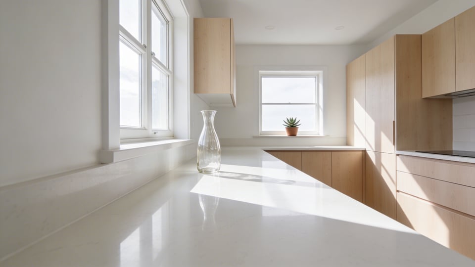 A bright and decluttered minimalist small kitchen with light wood cabinets and empty white countertops under soft natural light.