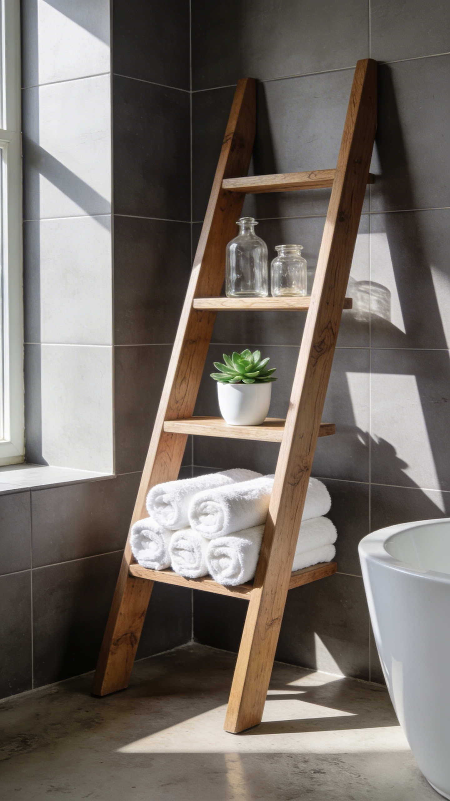 A stylish wooden lean-to ladder shelf providing vertical storage for towels and plants in a bright modern bathroom.