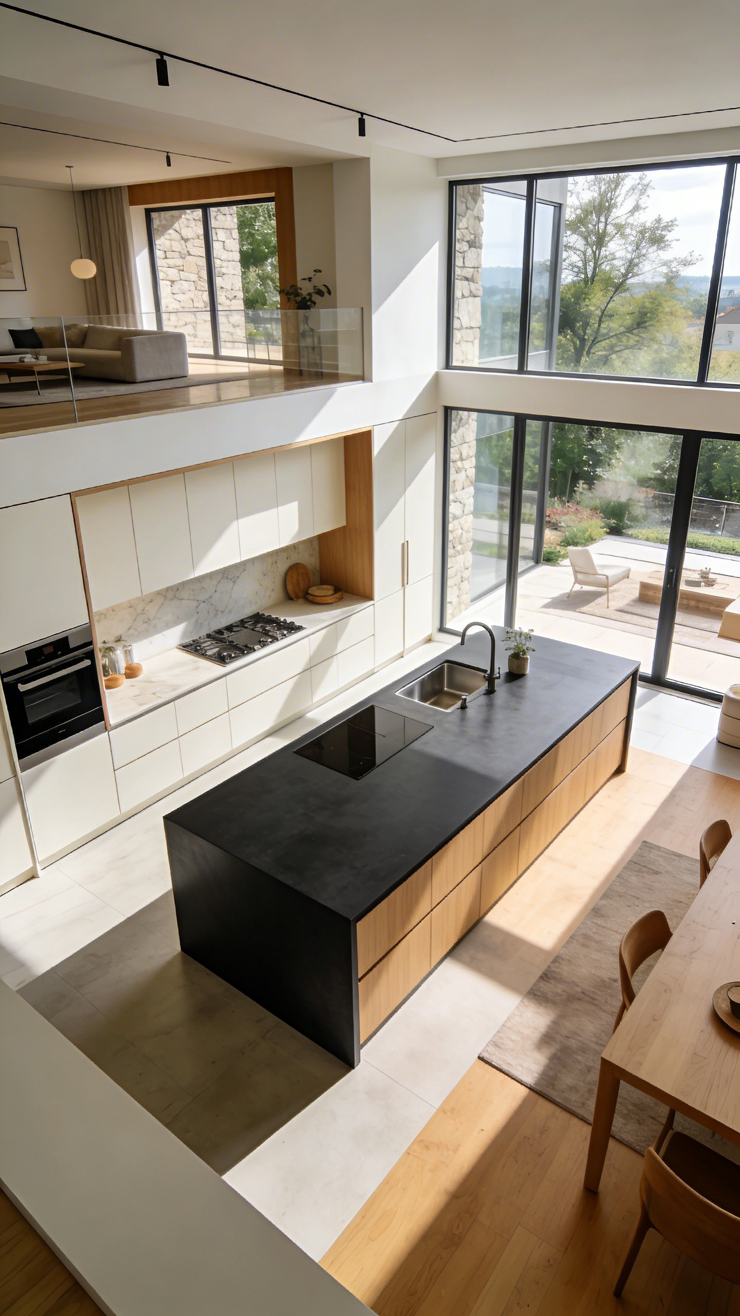 A modern open-concept kitchen featuring a large matte charcoal island that uses color to define functional space against white cabinetry.