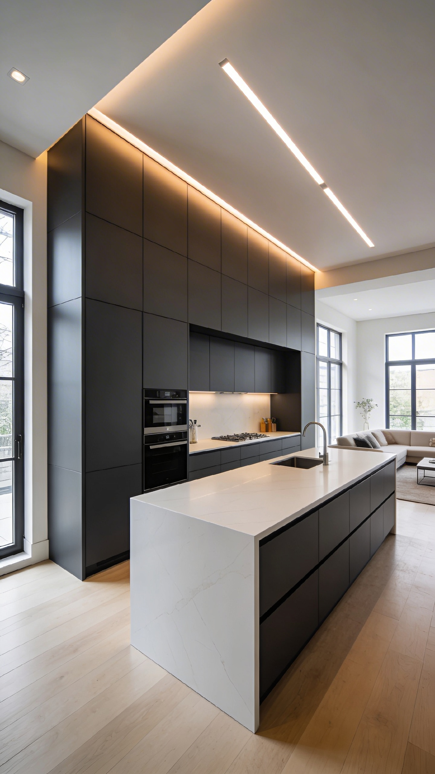 A minimalist kitchen featuring a seamless floor-to-ceiling integrated wall system and a white quartz island in a bright open-plan home.