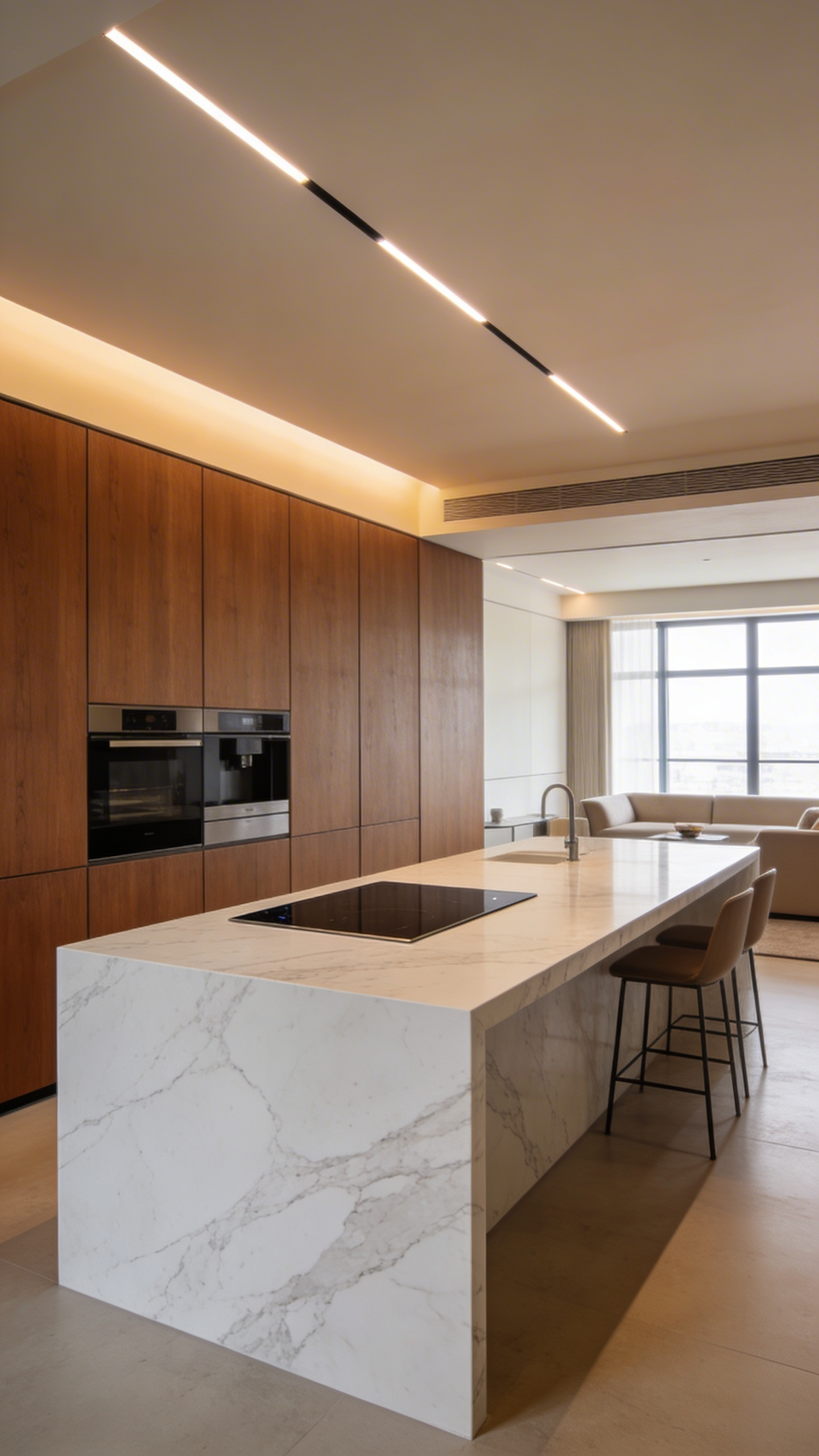 A modern kitchen renovation featuring appliance camouflage with integrated wooden cabinetry and a marble island in an open-concept layout.
