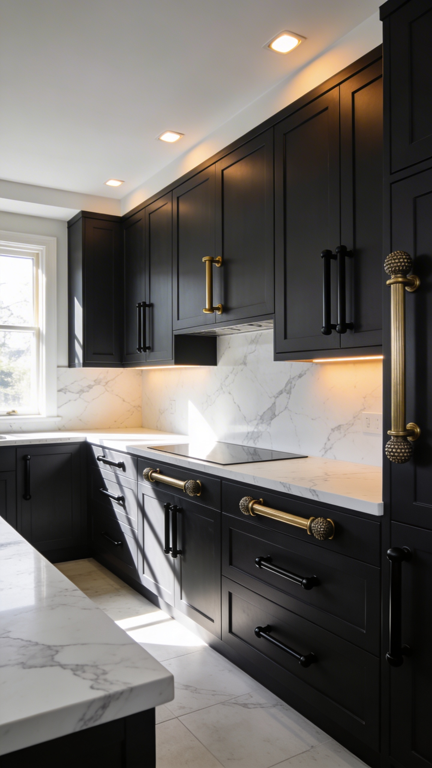 A modern kitchen renovation featuring charcoal cabinets with a mix of brass and black knurled hardware and marble countertops.