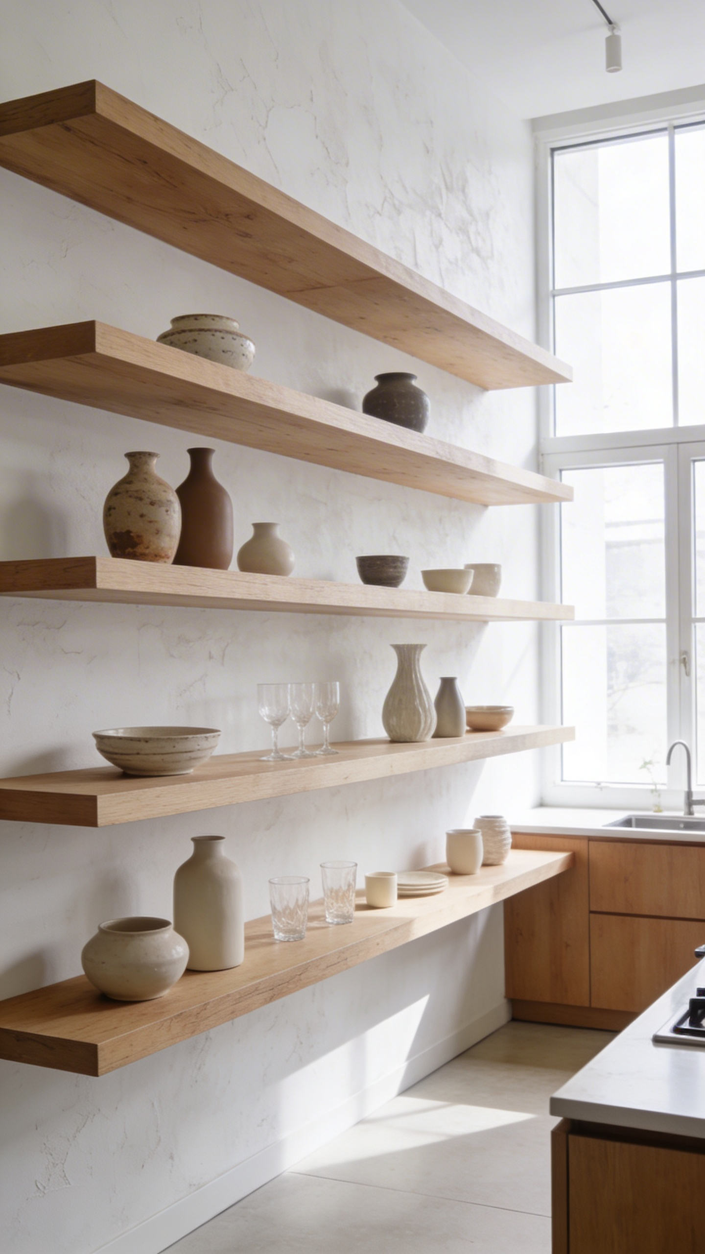 A bright modern kitchen featuring minimalist open shelving with a curated display of artisanal ceramic dishes and vases.