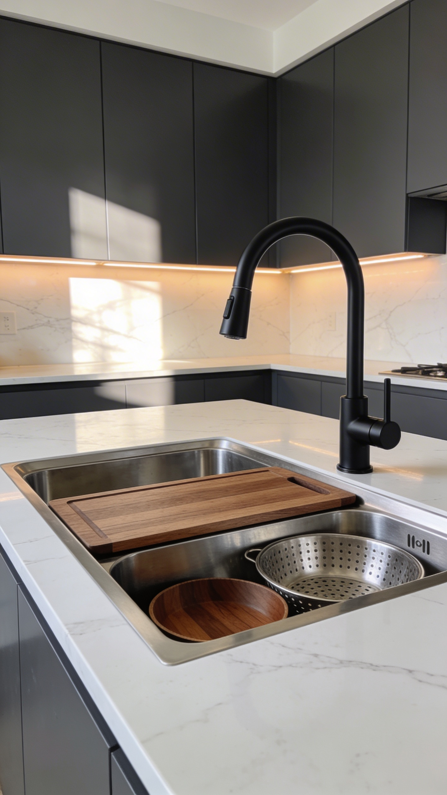 A luxury kitchen island featuring an integrated undermount sink workstation with touchless technology and wooden accessories.