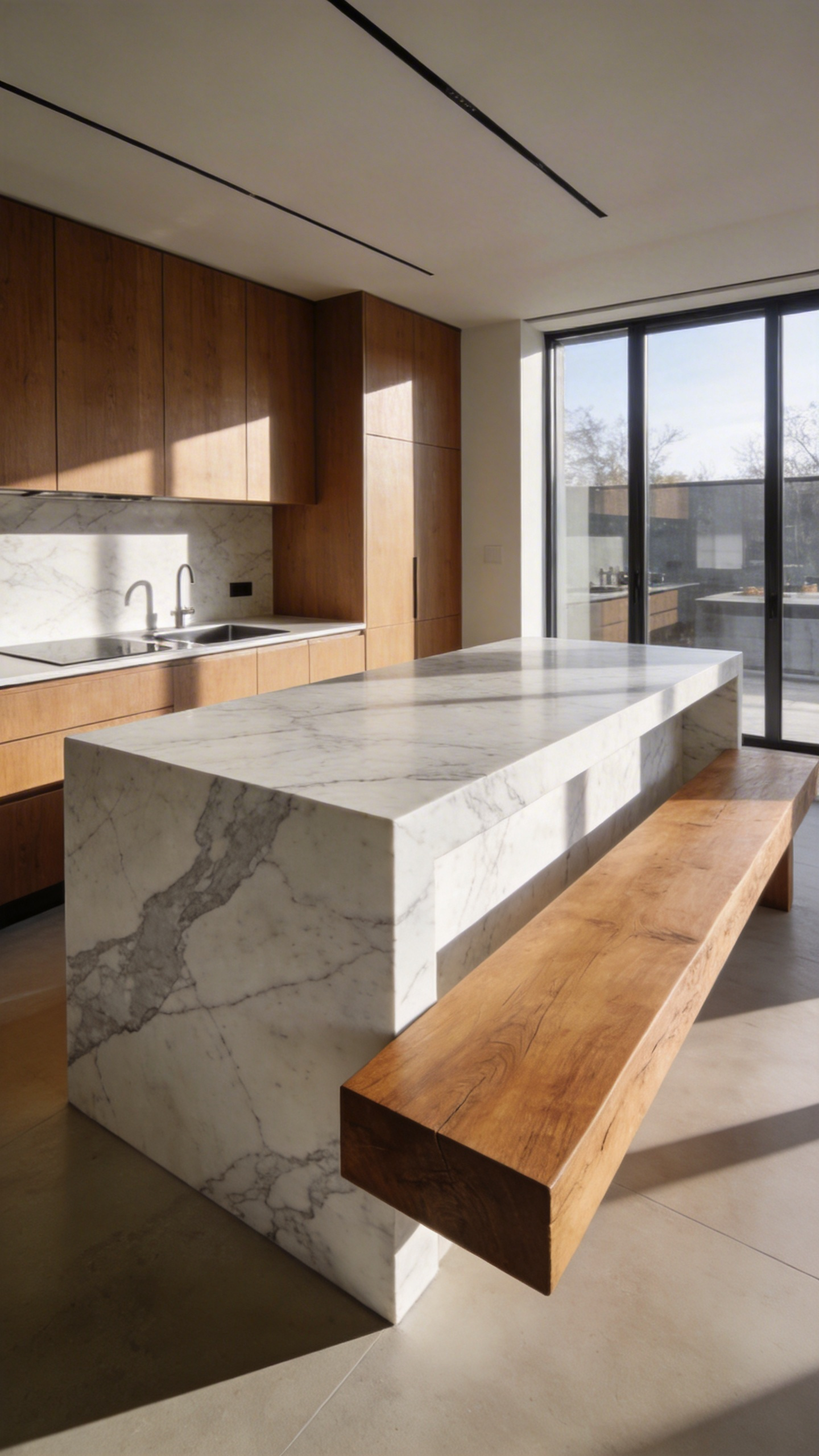 A full view of a modern kitchen renovation featuring a large white marble island paired with warm oak wood cabinetry and natural sunlight.