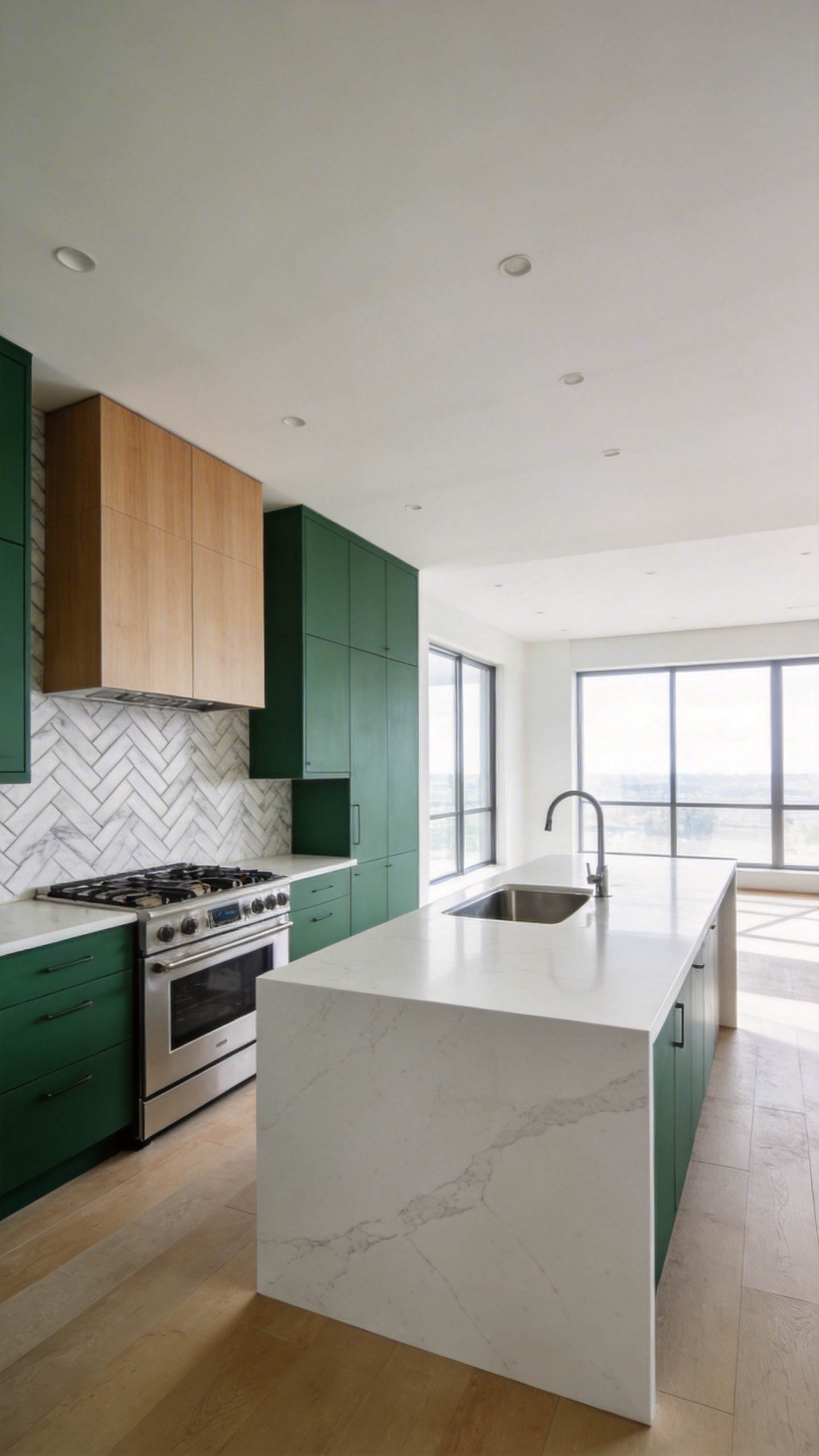 A bright and spacious modern kitchen renovation showcasing a multi-zone layout with a large island and contemporary finishes.