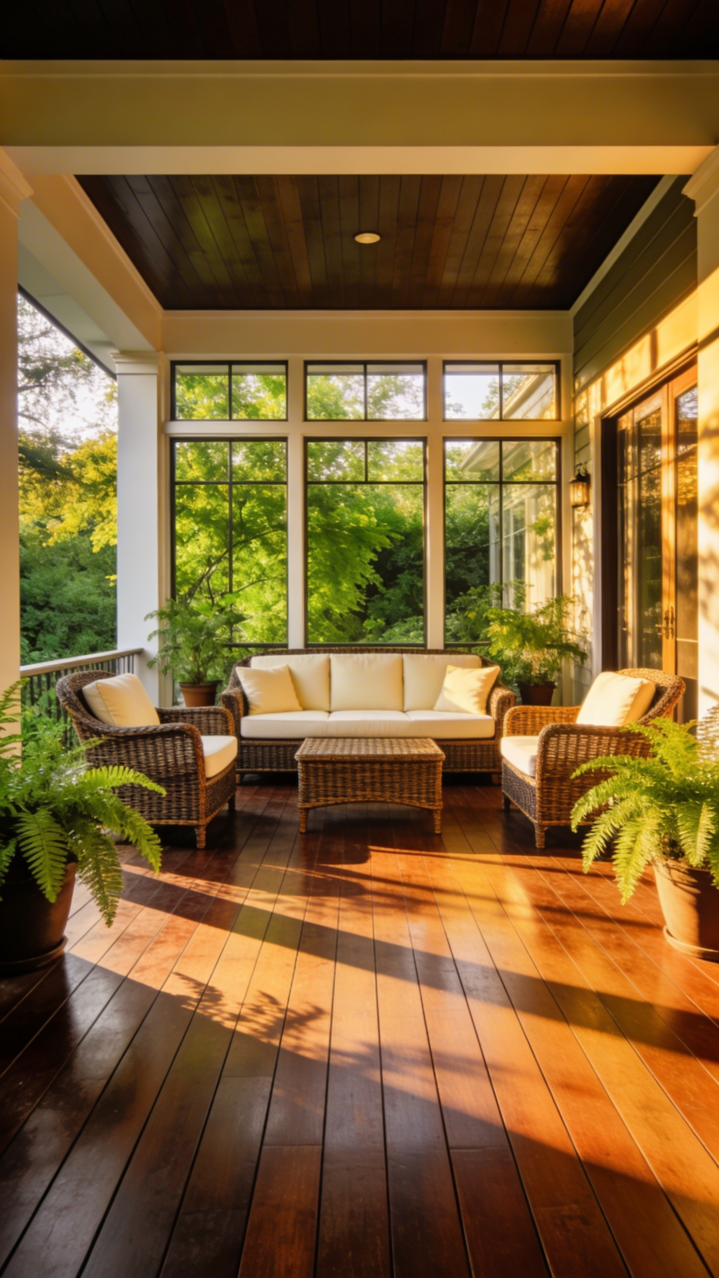 A bright and inviting modern front porch featuring a stylish wicker and rattan furniture set with soft white cushions surrounded by lush greenery.