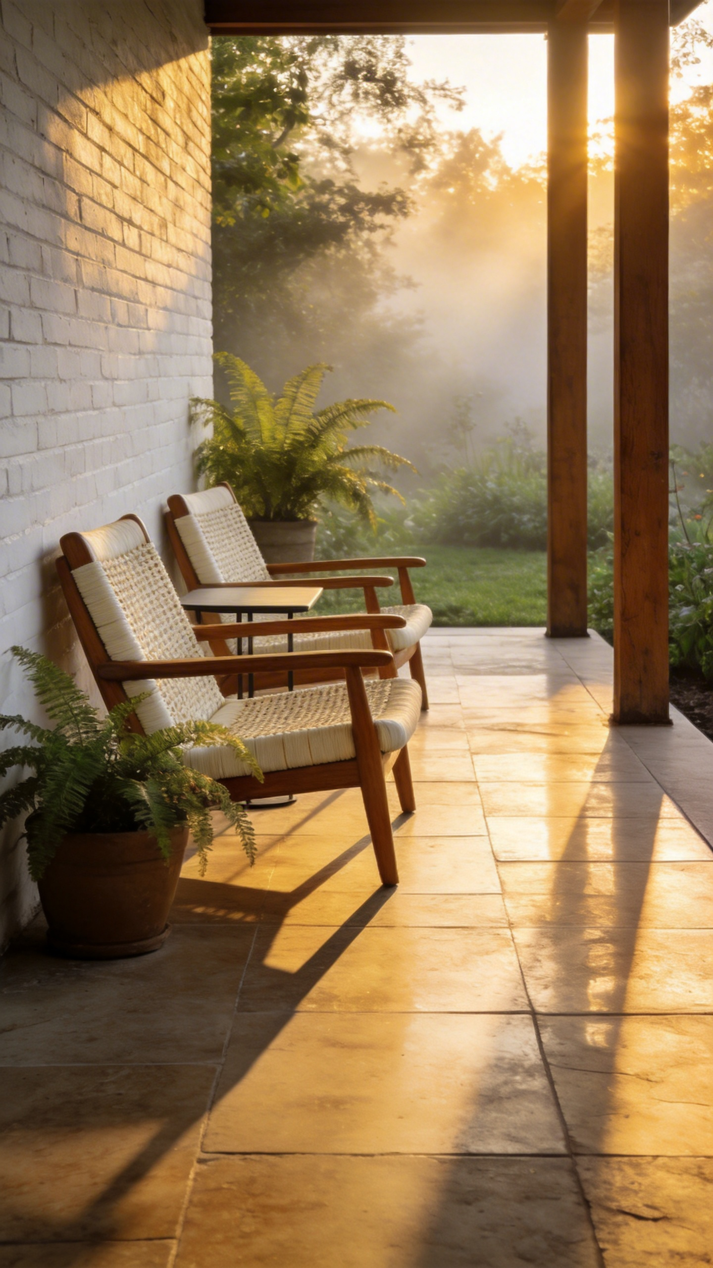 A peaceful porch featuring elegant furniture positioned against a house wall to capture the early morning sun for a conservatory feel.
